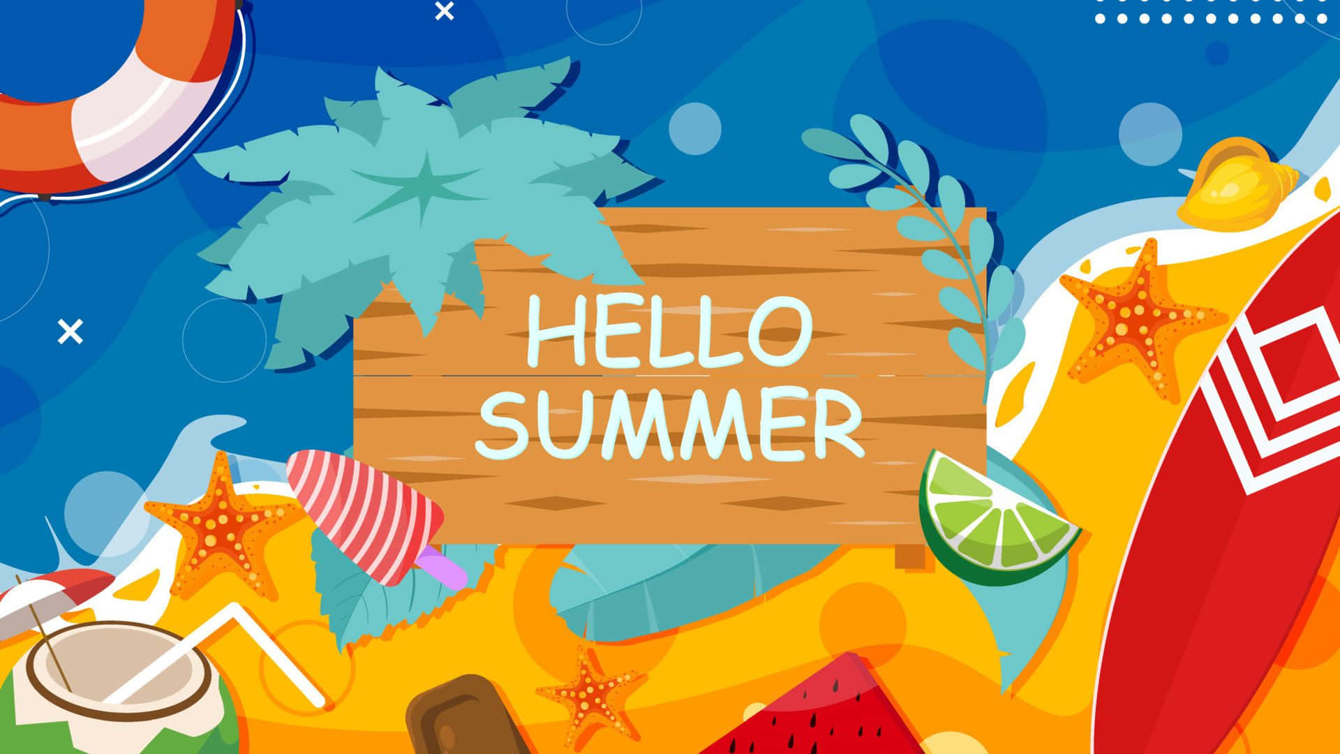 Cool Summer 桌布 壁紙 — 充滿活力的卡通夏日場景，棕櫚葉、衝浪板、海星和熱帶飲料圍繞著一個寫著 hello summer 的木牌。