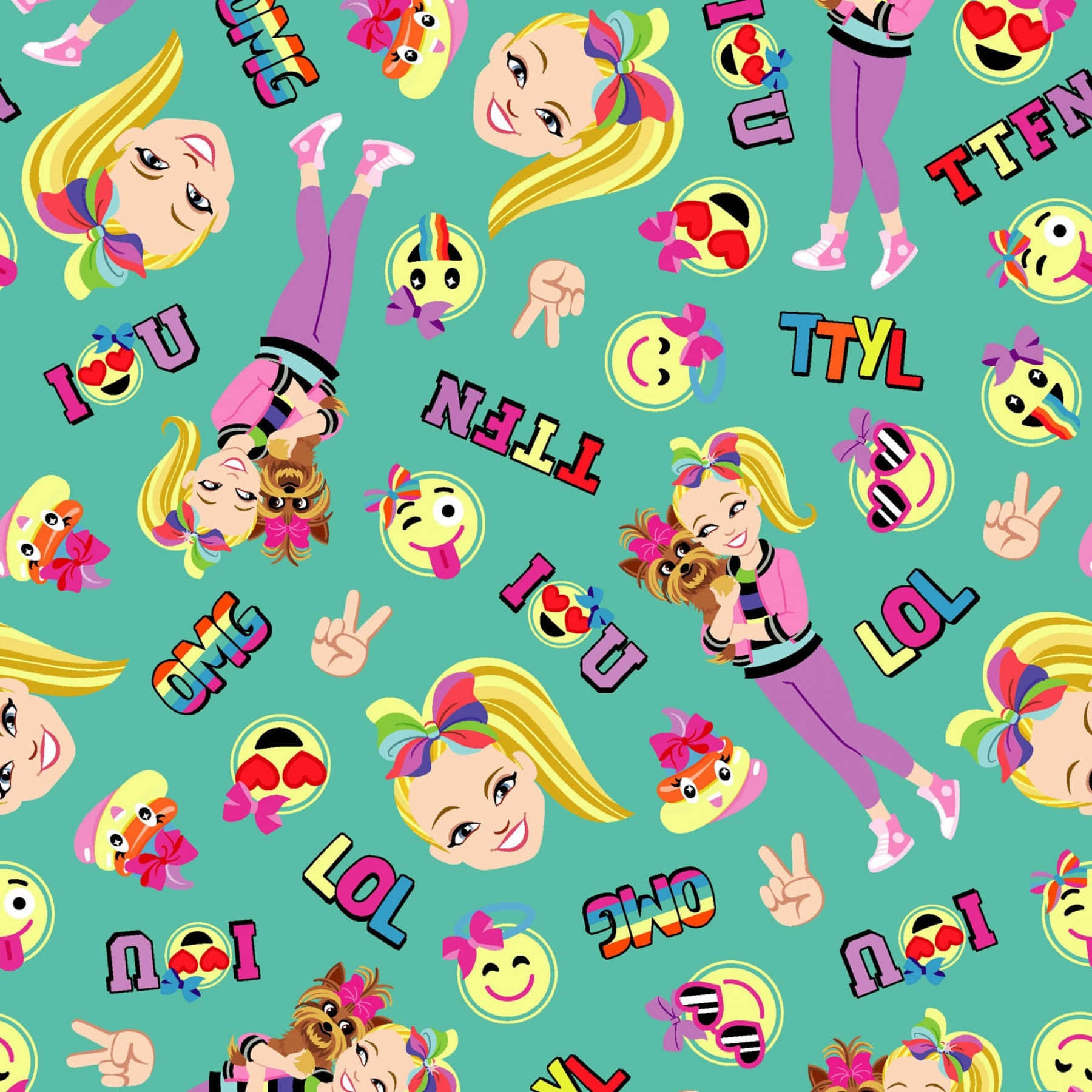 JoJo Siwa 桌布 壁紙 — 充滿活力的卡通女孩，金色雙馬尾和彩色蝴蝶結，在青綠色背景上重複出現，配有表情符號和俚語文字。
