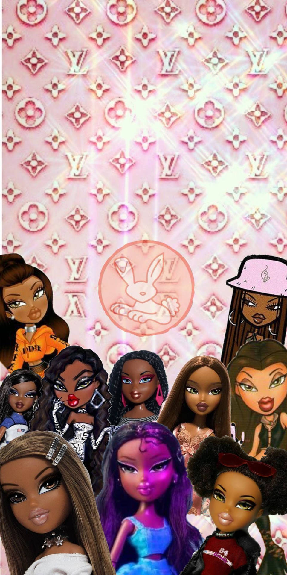 Bratz 桌布 壁紙 — 充滿活力的卡通娃娃，帶有鮮豔妝容和時尚服飾，在粉紅色Louis Vuitton字母組合圖案上擺姿勢，帶有發光效果。