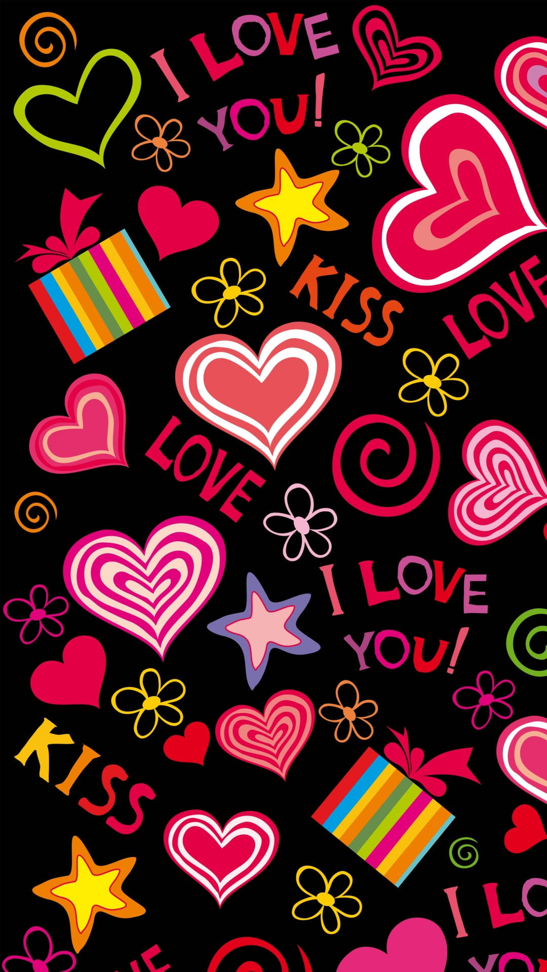 love you 桌布 壁紙 — 充滿活力的卡通愛心、星星和禮物盒，上面散落著愛情訊息，背景為黑色。