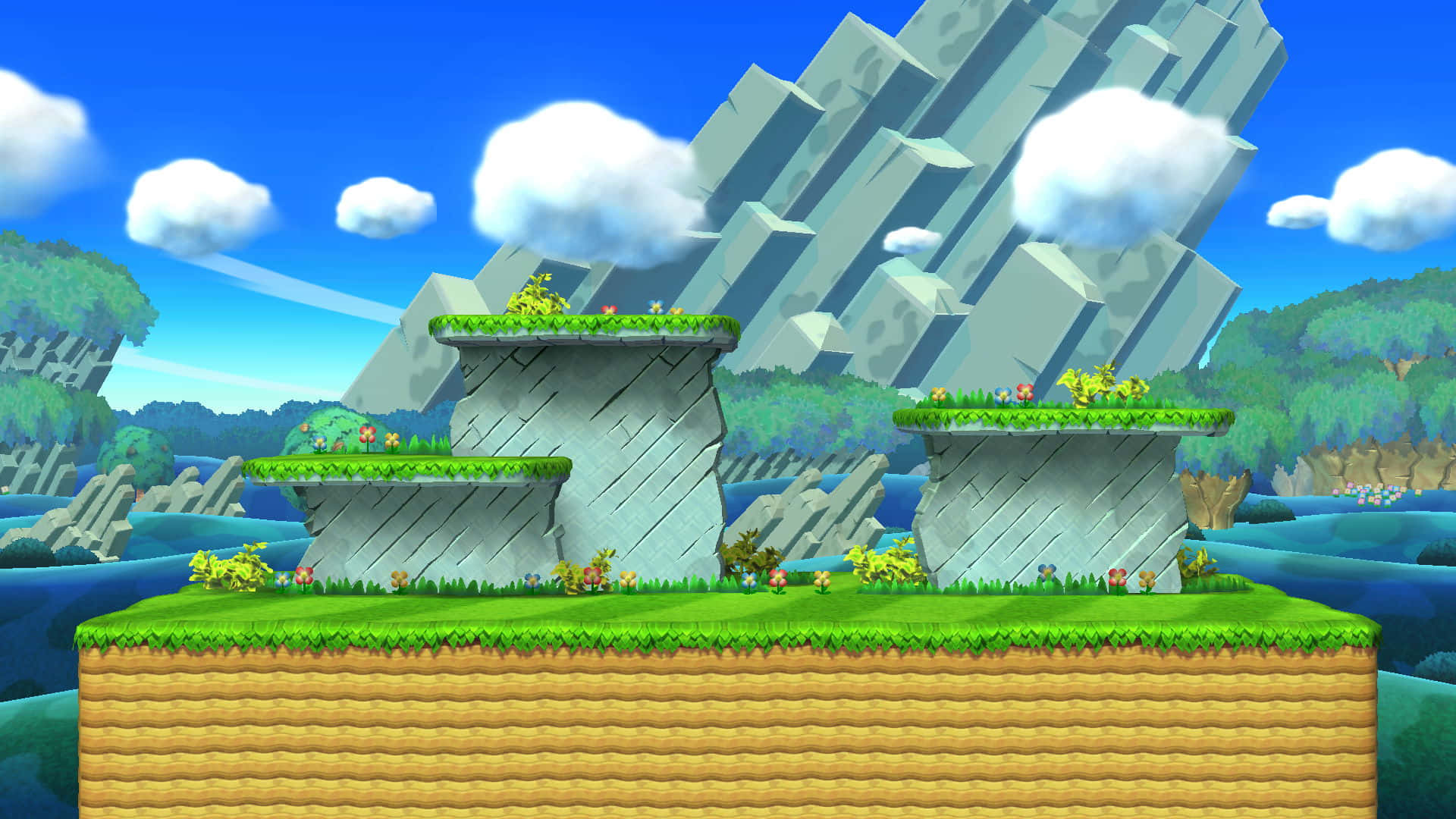 Mushroom Kingdom 桌布 壁紙 — 充滿活力的卡通景觀，浮動的草地平台在水面上，藍天白雲。