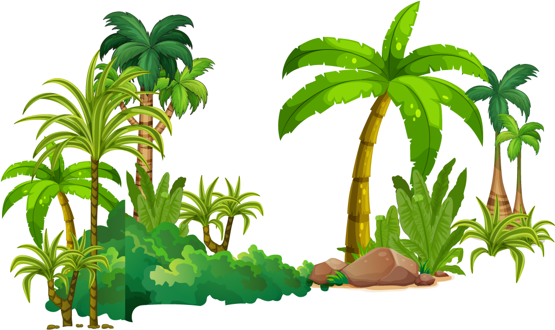 Rainforest 桌布 壁紙 — 充滿活力的卡通棕櫚樹和茂密的綠色植物簇擁在棕色岩石周圍，背景為鮮明的黑色。