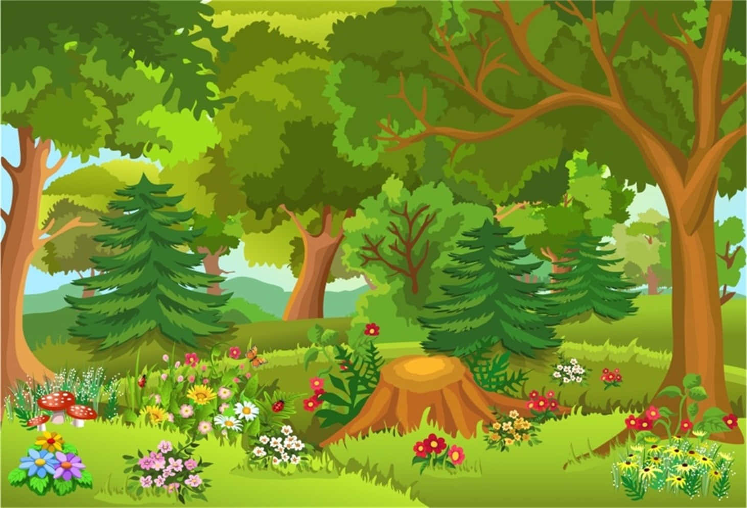 Cartoon Forest 桌布 壁紙 — 充滿活力的卡通森林場景，有茂密的綠樹、野花和一個樹樁，在明亮的日光下。