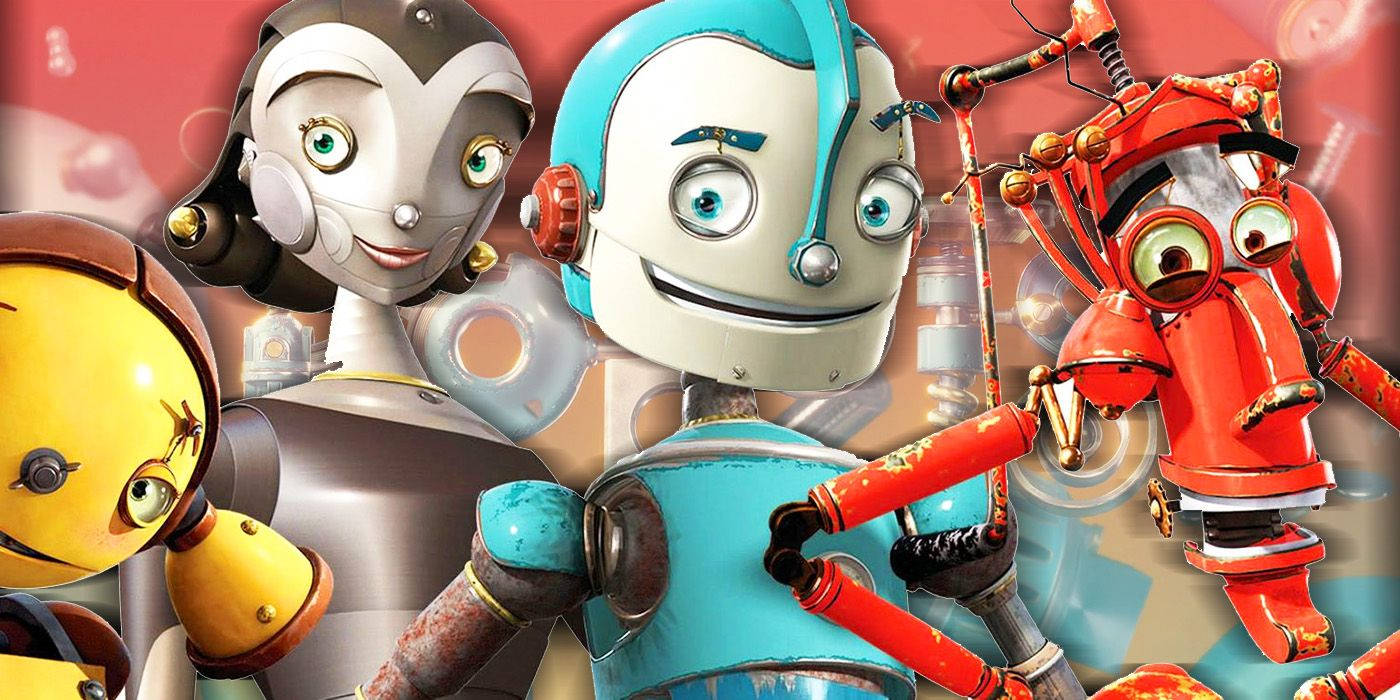 電影動圖 桌布 壁紙 — 充滿活力的卡通機器人，擁有表情豐富的眼睛和色彩繽紛的金屬身體，在溫暖的紅色背景前愉快地擺姿勢。