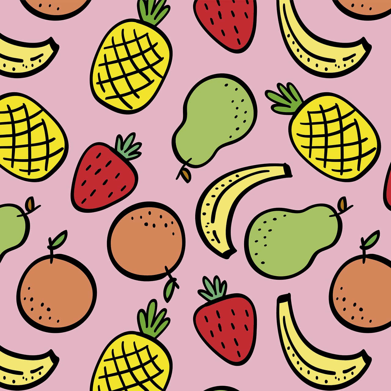 Fruit 桌布 壁紙 — 充滿活力的卡通水果圖標，如鳳梨、草莓和香蕉，漂浮在柔和的粉紅色背景上。