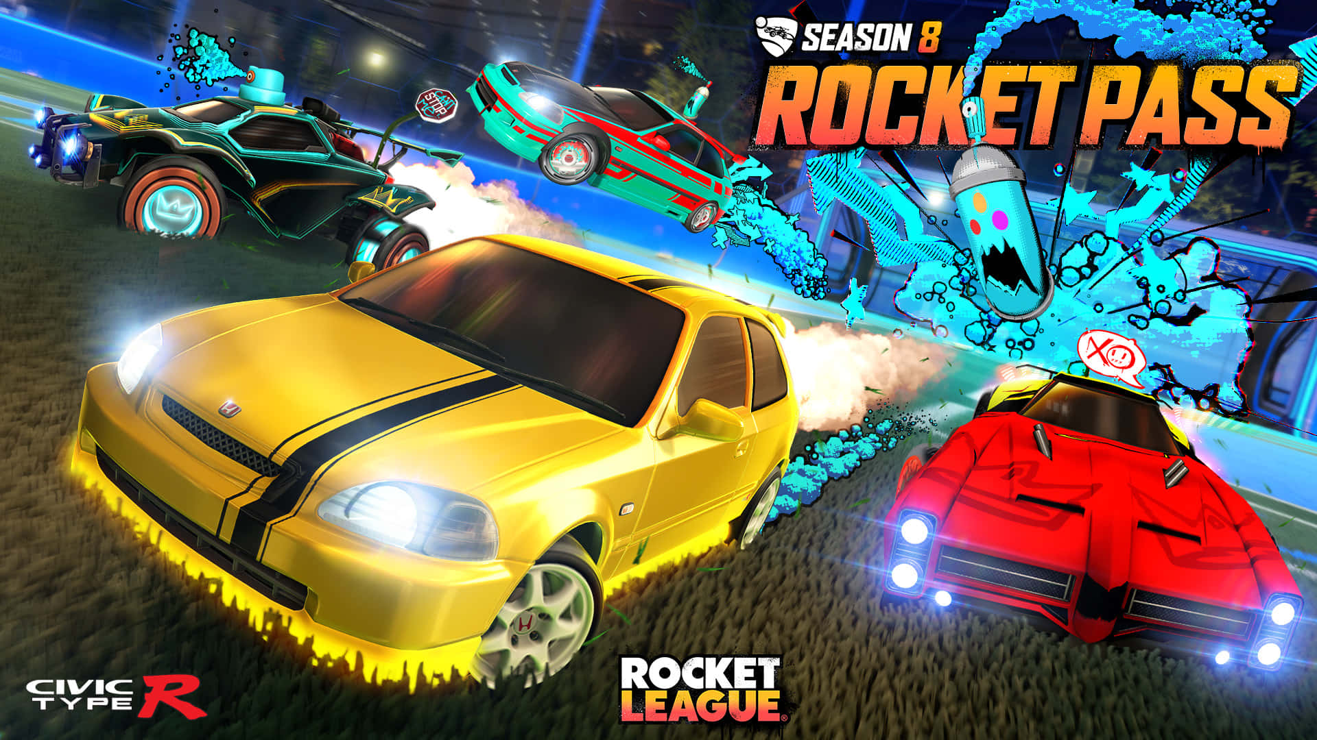 1080p Rocket League 桌布 壁紙 — 充滿活力的卡通汽車在草地上空進行混亂的空中碰撞，並帶有發光效果。