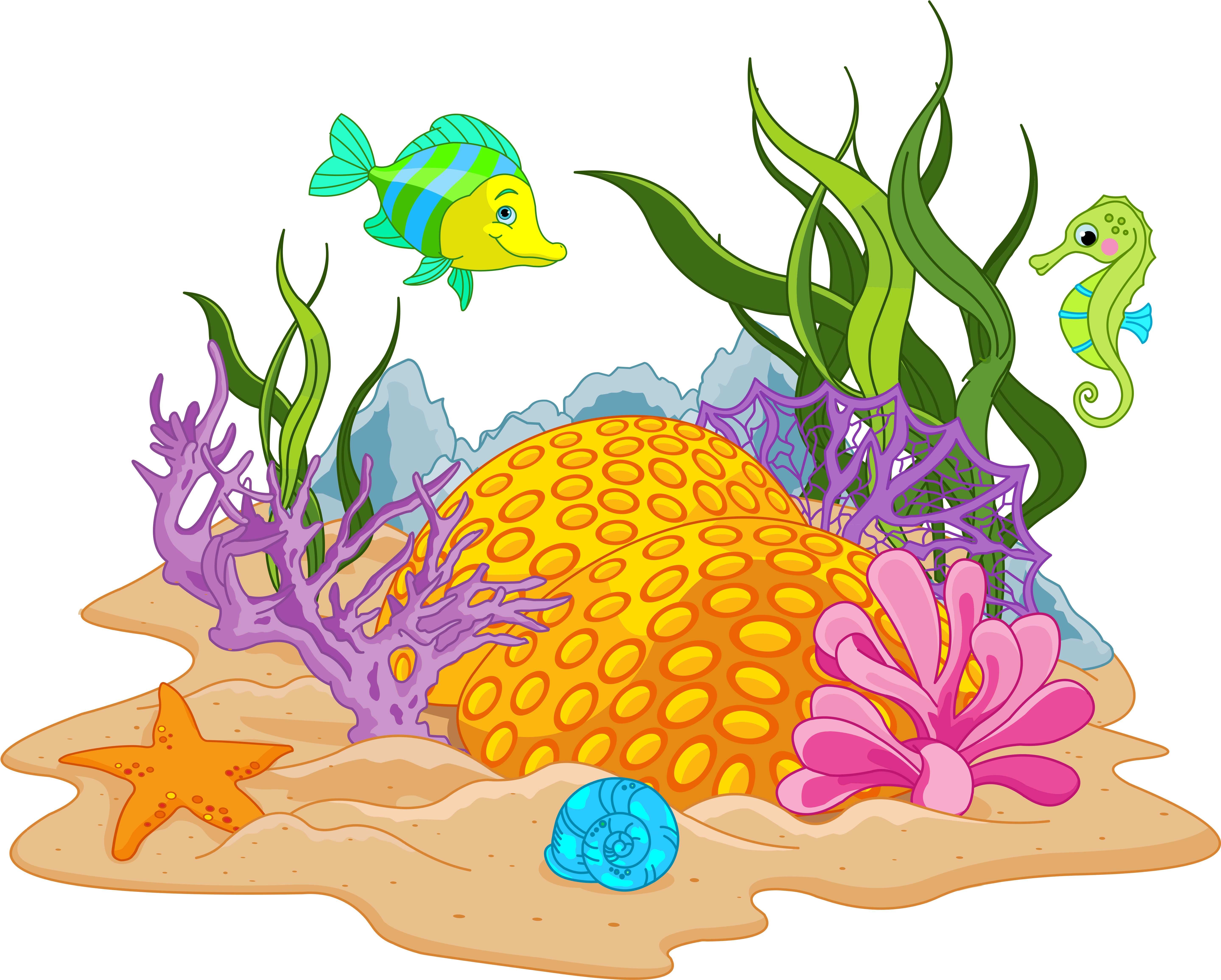 水下動畫 桌布 壁紙 — 充滿活力的卡通海底場景，有色彩繽紛的魚、海馬、珊瑚和海星在沙質海底上。