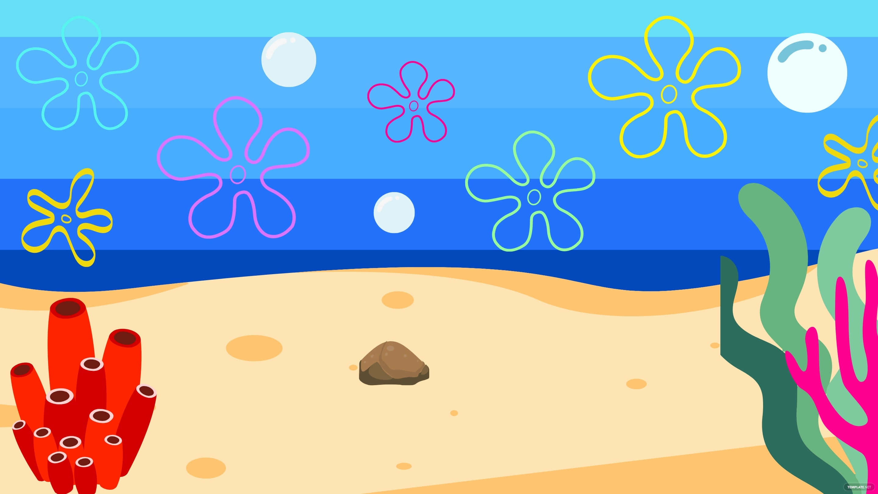 Spongebob Zoom 桌布 壁紙 — 充滿活力的卡通海底場景，色彩繽紛的珊瑚海葵和氣泡漂浮在沙質海底上方。