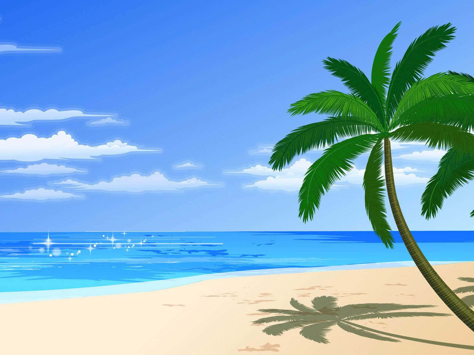 Cartoon Beach 桌布 壁紙 — 充滿活力的卡通海灘場景，一棵棕櫚樹在金色沙灘上投下陰影，旁邊是閃閃發光的碧綠海洋，上方是晴朗的藍天和蓬鬆的白雲。