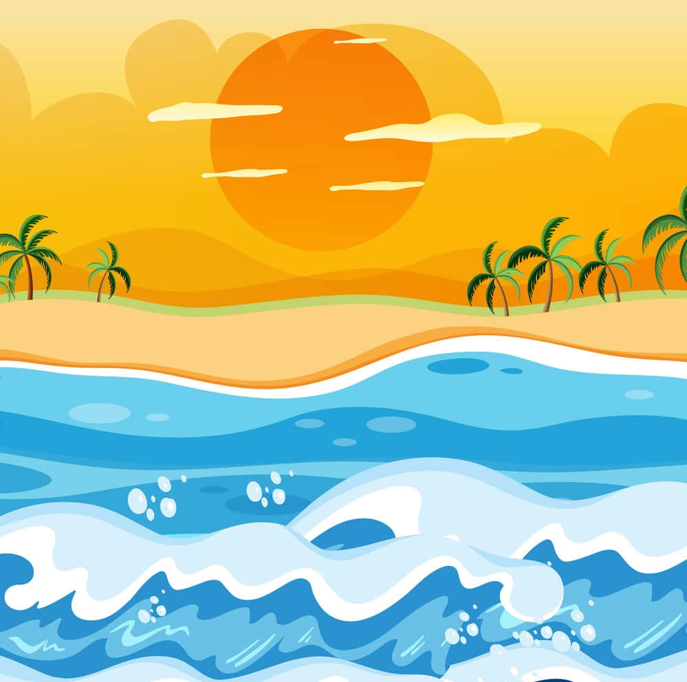 海灘日落 桌布 壁紙 — 充滿活力的卡通海灘場景，在巨大的橙色太陽下，綠松石色的海浪拍打著金色的沙灘。