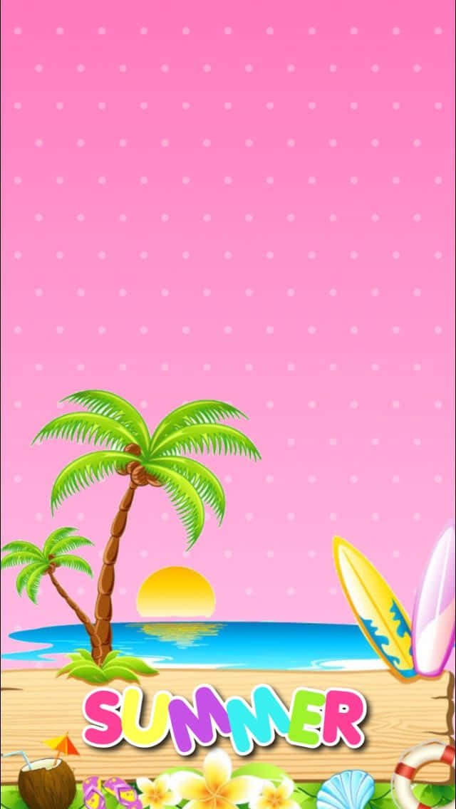 夏天 桌布 壁紙 — 充滿活力的卡通海灘場景，有棕櫚樹、衝浪板和熱帶花卉，天空是粉紅色圓點圖案。