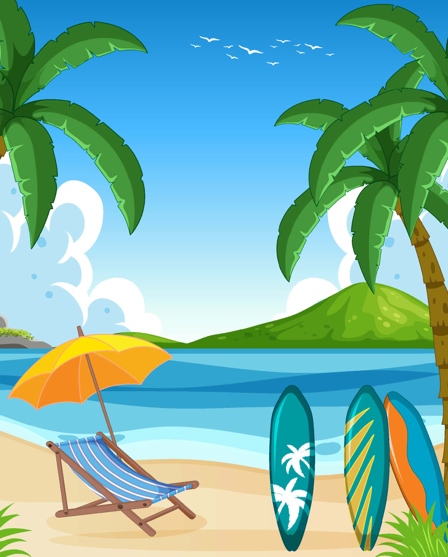 Summer Beach 桌布 壁紙 — 充滿活力的卡通海灘場景，有棕櫚樹、衝浪板和黃色傘下的條紋躺椅。