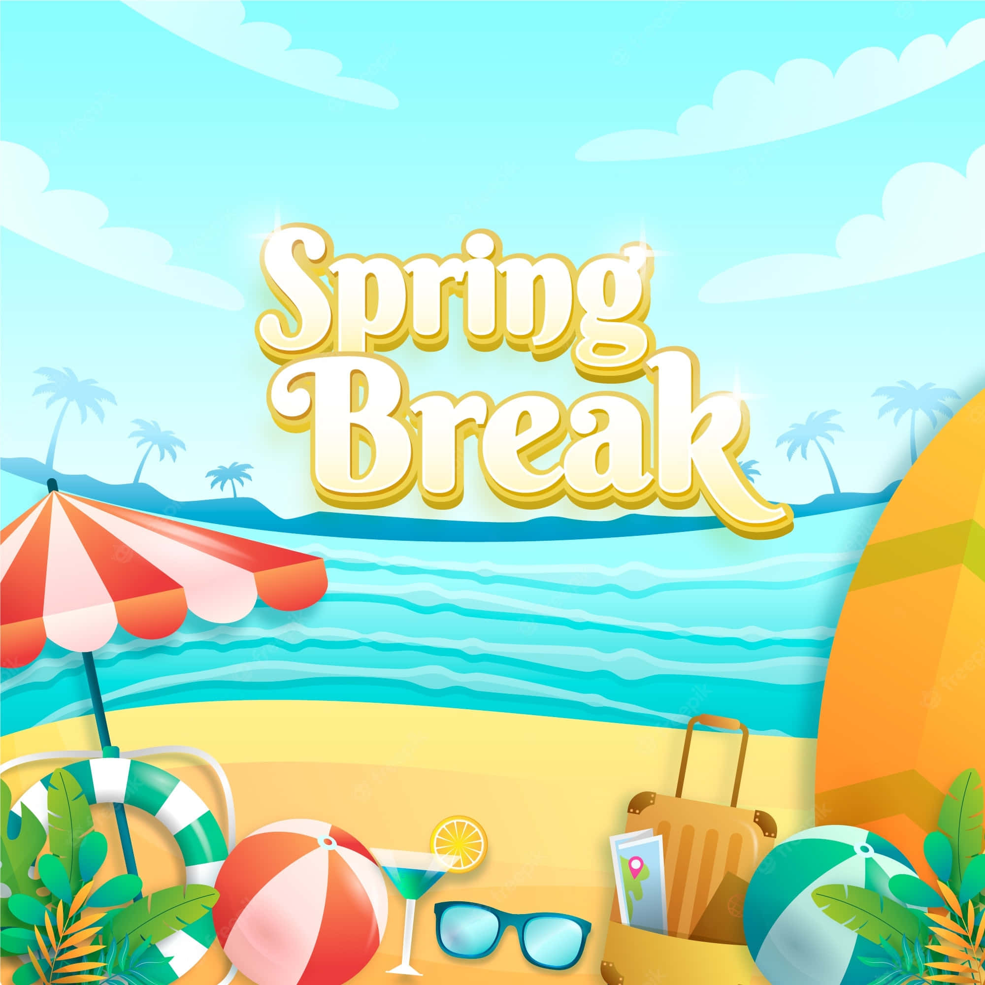 Spring Vacation 桌布 壁紙 — 充滿活力的卡通海灘場景，有棕櫚樹、海洋和度假物品，在明亮的藍天下，帶有「Spring Break」文字。