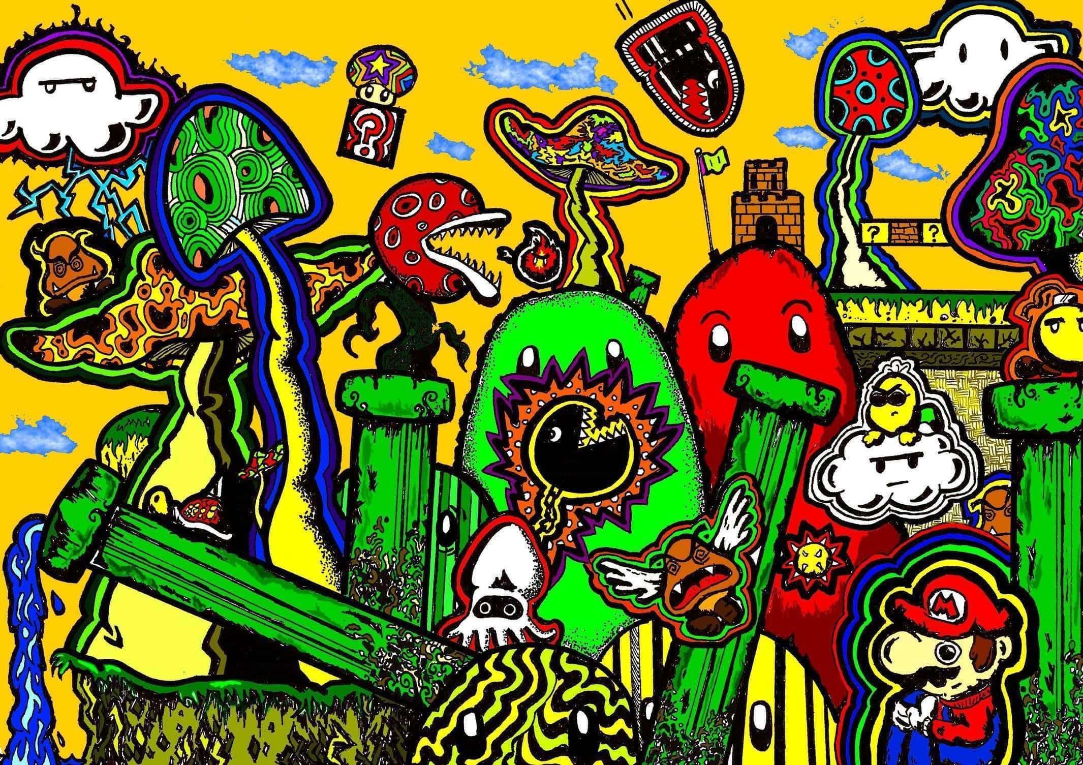 Trippy Nature 桌布 壁紙 — 充滿活力的卡通混亂場景， featuring Mario 和標誌性的 Super Mario 敵人，呈現迷幻、密集、色彩繽紛的畫面。