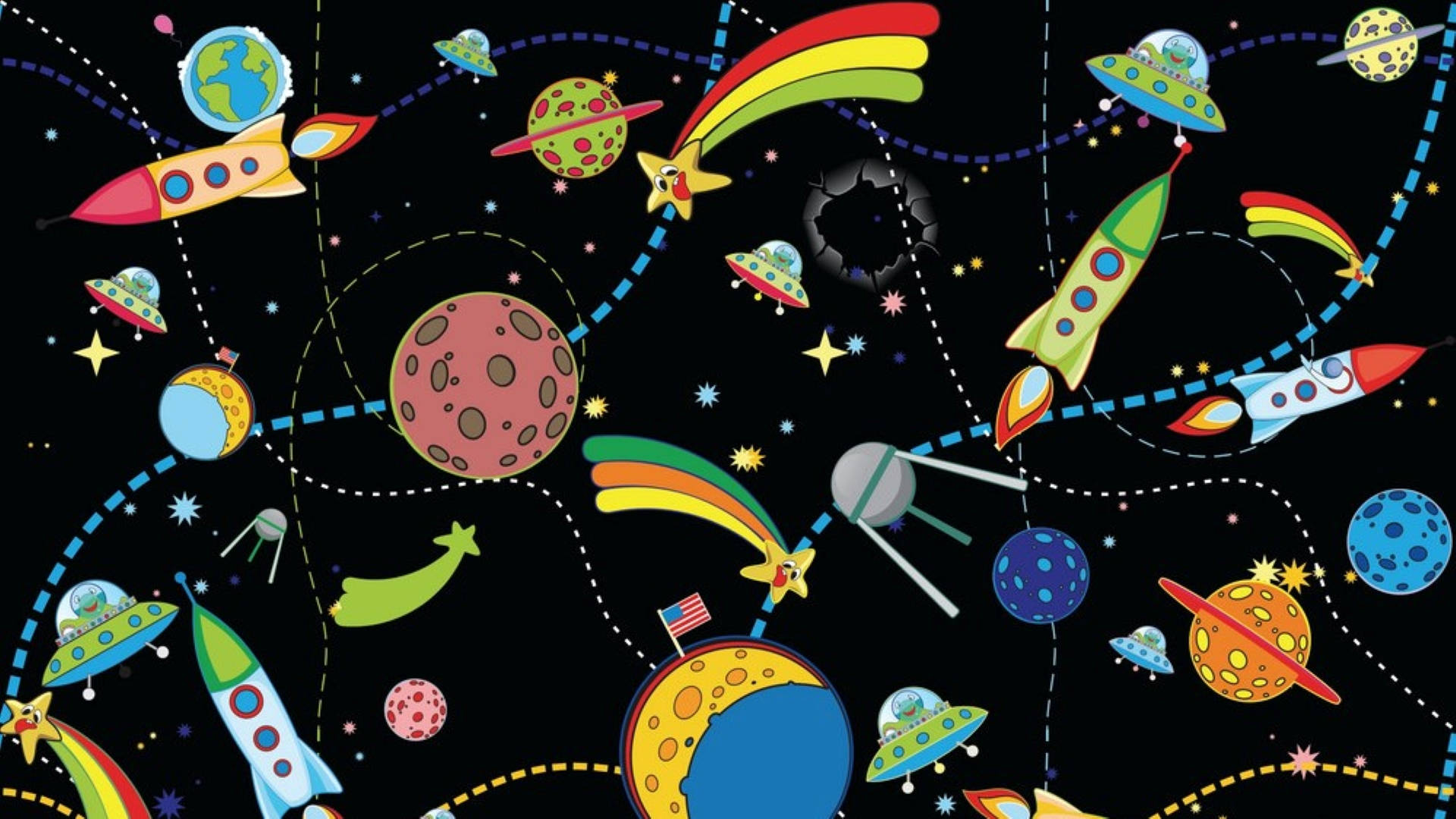 Cosmos 桌布 壁紙 — 充滿活力的卡通火箭和UFO在佈滿星星的太空翱翔，太空中有色彩繽紛的行星和彩虹軌跡。