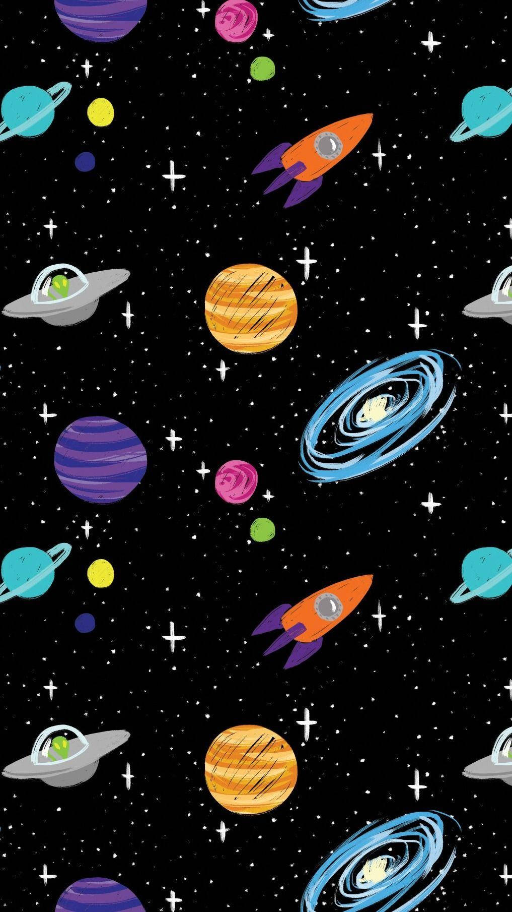 太空美學動圖 桌布 壁紙 — 充滿活力的卡通火箭和行星在繁星點點的黑色天空中漂浮，形成一個俏皮的太空圖案。