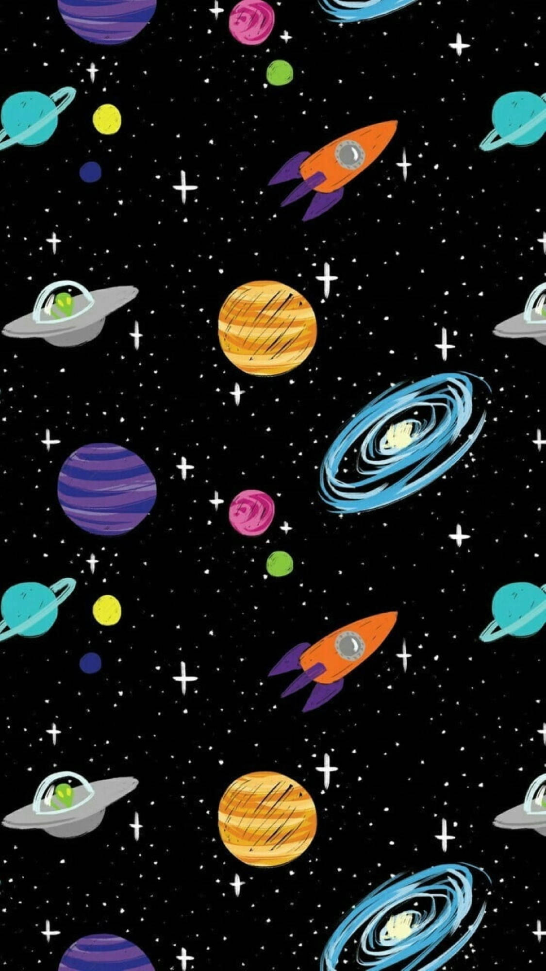宇宙 桌布 壁紙 — 充滿活力的卡通火箭和行星在繁星點點的黑色天空中漂浮，形成一個俏皮的太空圖案。
