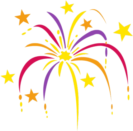 Celebrate 桌布 壁紙 — 充滿活力的卡通煙火在黑色背景上以洋紅色、黃色和橙色爆發，並散落著金色的星星。