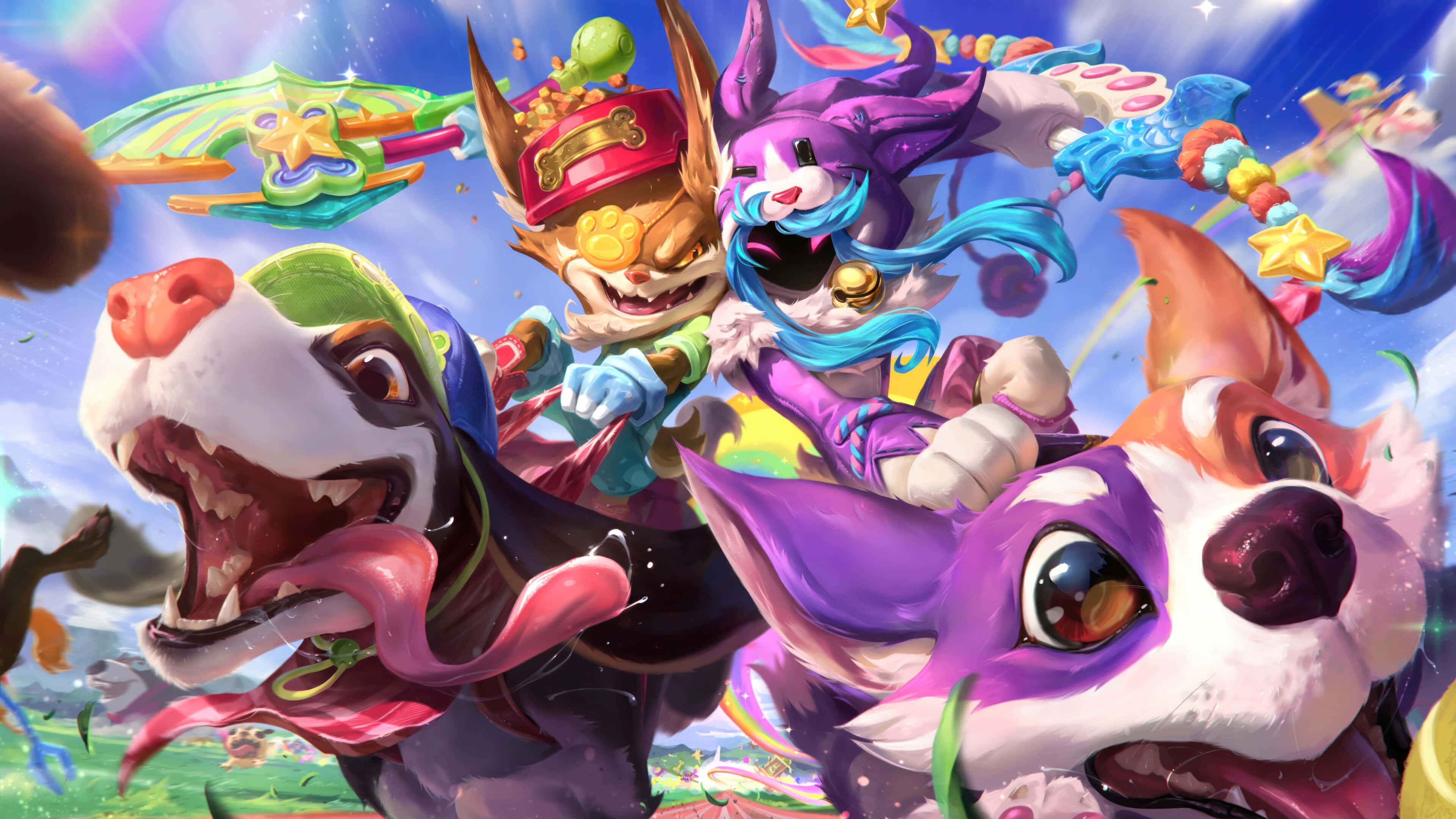 League Of Legends Champions 桌布 壁紙 — 充滿活力的卡通狗和奇幻角色在色彩繽紛的天空中奔馳，帶有星爆和糖果般的效果。