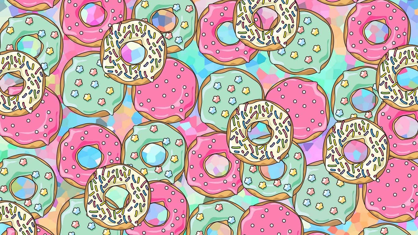 Cute Donut 桌布 壁紙 — 充滿活力的卡通甜甜圈，帶有粉紅色和綠色糖霜和彩色糖粒，漂浮在萬花筒般的柔和背景上。