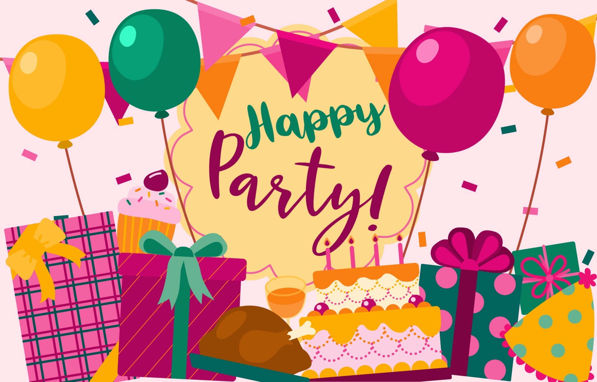 Balloons 桌布 壁紙 — 充滿活力的卡通生日派對場景，有氣球、蛋糕、禮物和五彩紙屑，在「Happy Party!」橫幅下。