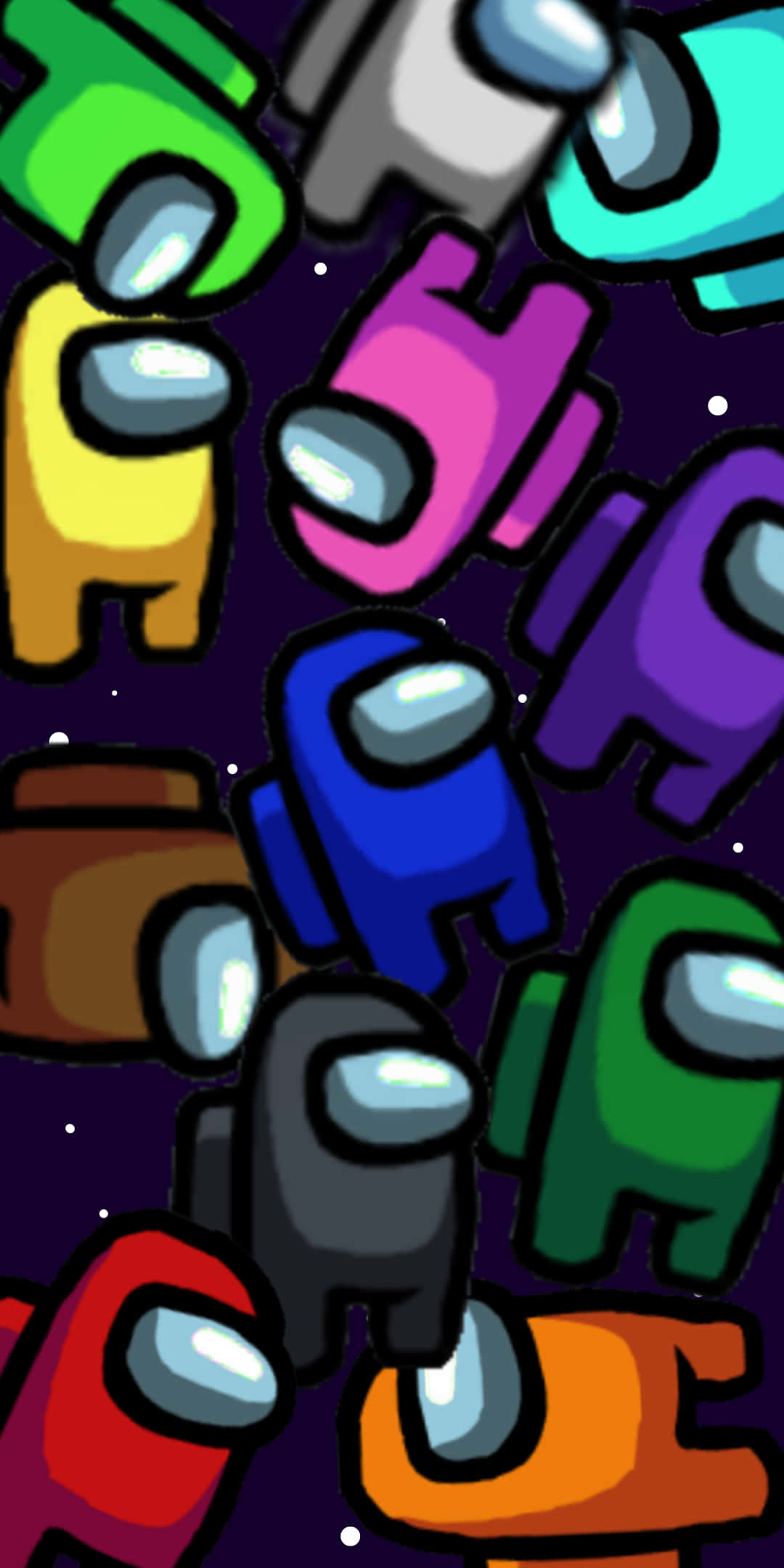 Among US Phone 桌布 壁紙 — 充滿活力的卡通船員漂浮在繁星點點的太空背景中，色彩大膽，形狀簡單。