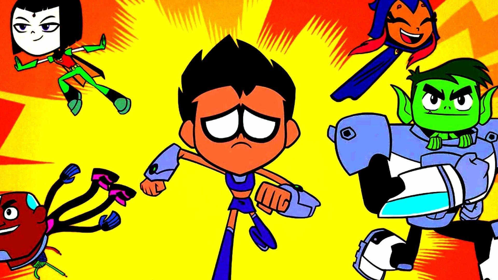 teen titans go 桌布 壁紙 — 充滿活力的卡通英雄以動態姿勢呈現，背景為熾熱的黃色並帶有紅色爆發效果。