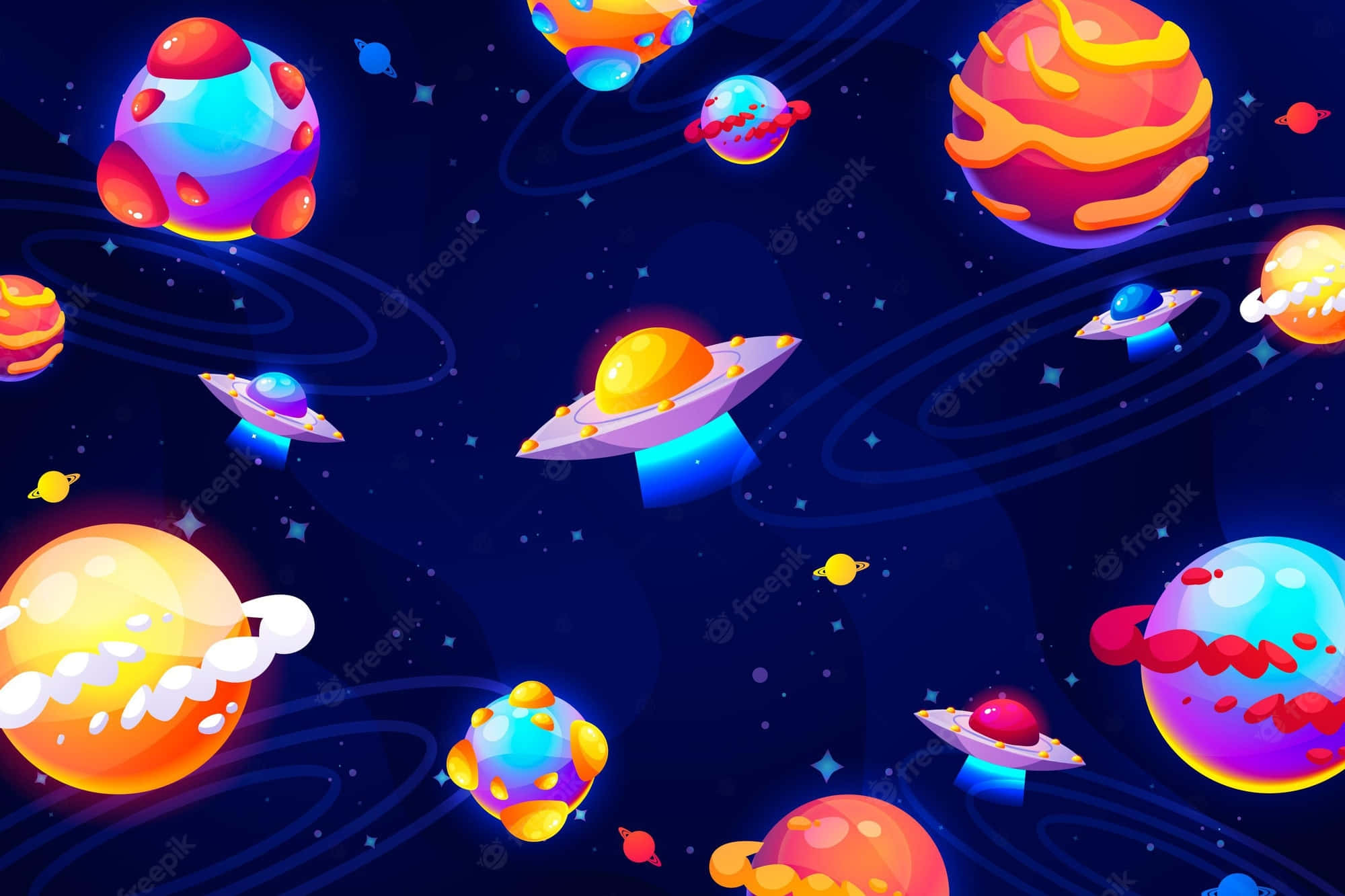 Animated Space 桌布 壁紙 — 充滿活力的卡通行星和UFO漂浮在星光熠熠的宇宙場景中，帶有發光環和色彩繽紛的外星世界。