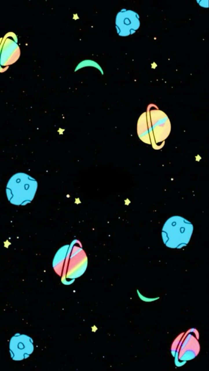 藝術 桌布 壁紙 — 充滿活力的卡通行星和星星在黑色宇宙背景上漂浮，形成一幅有趣的數位插圖。