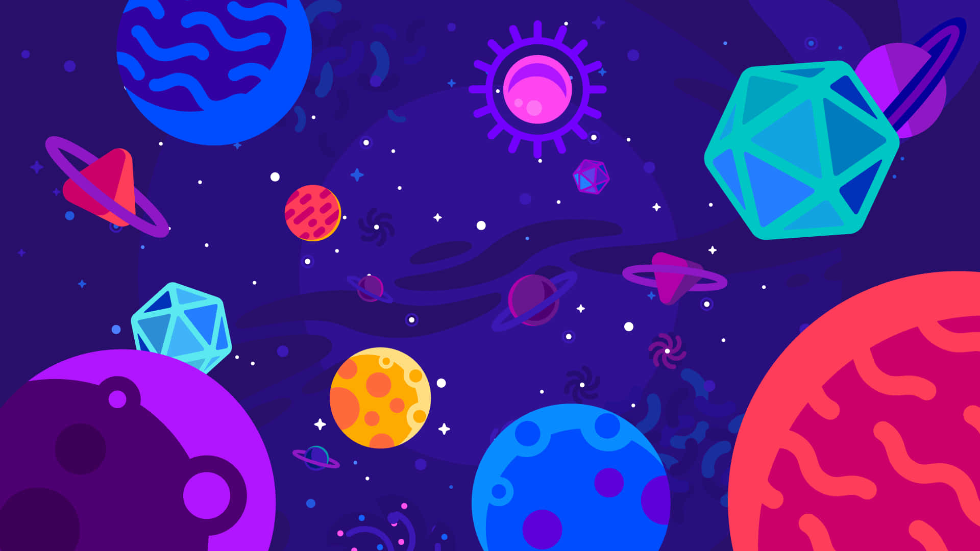 Animated 桌布 壁紙 — 充滿活力的卡通行星和星星漂浮在深紫色的宇宙場景中，帶有幾何形狀和彩色環。