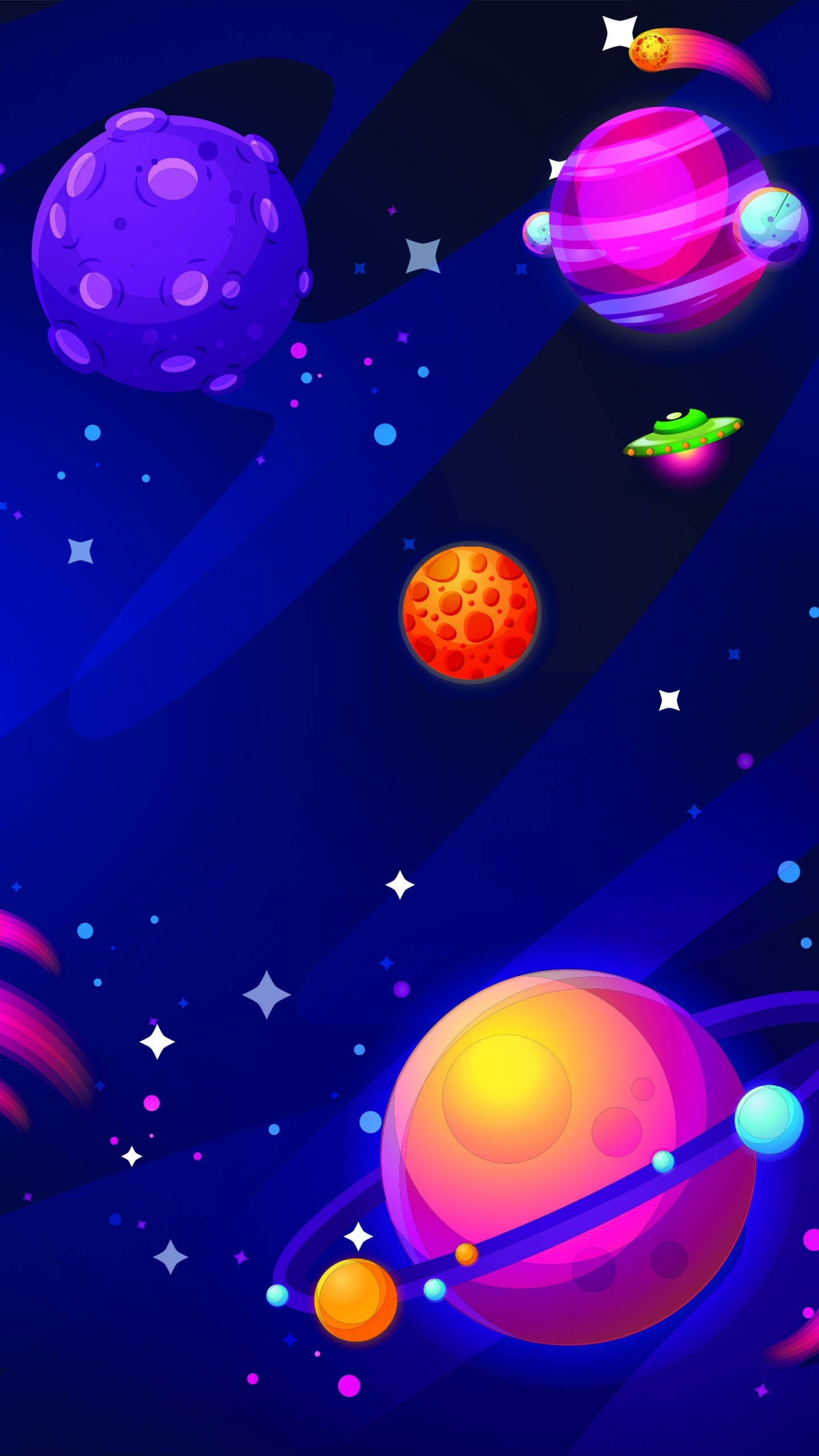 太空電話 桌布 壁紙 — 充滿活力的卡通行星和星星漂浮在深藍色的宇宙場景中，伴隨著發光的UFO。
