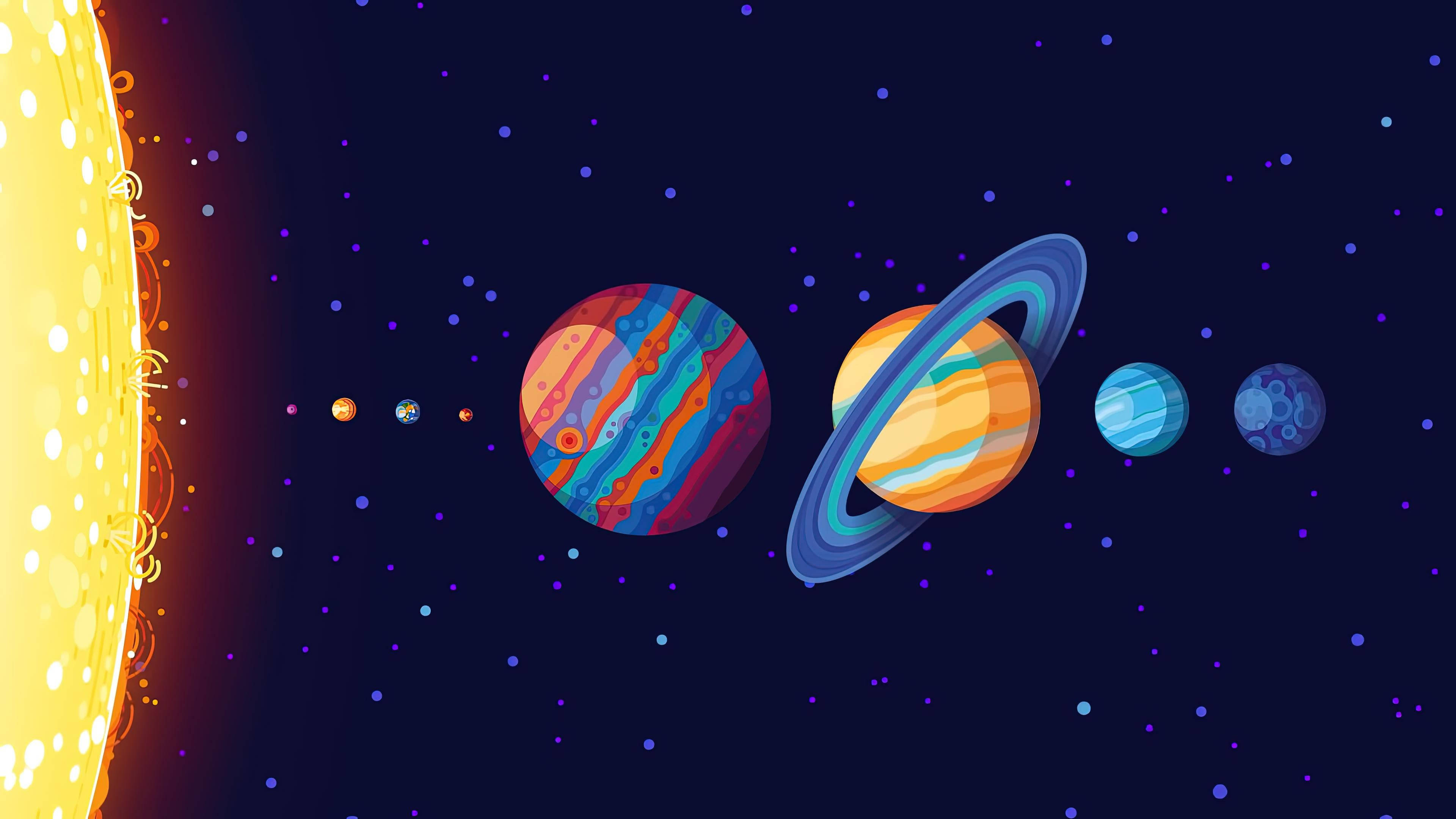ultra HD laptop 桌布 壁紙 — 充滿活力的卡通行星圍繞著發光的太陽運行，背景是星空宇宙。