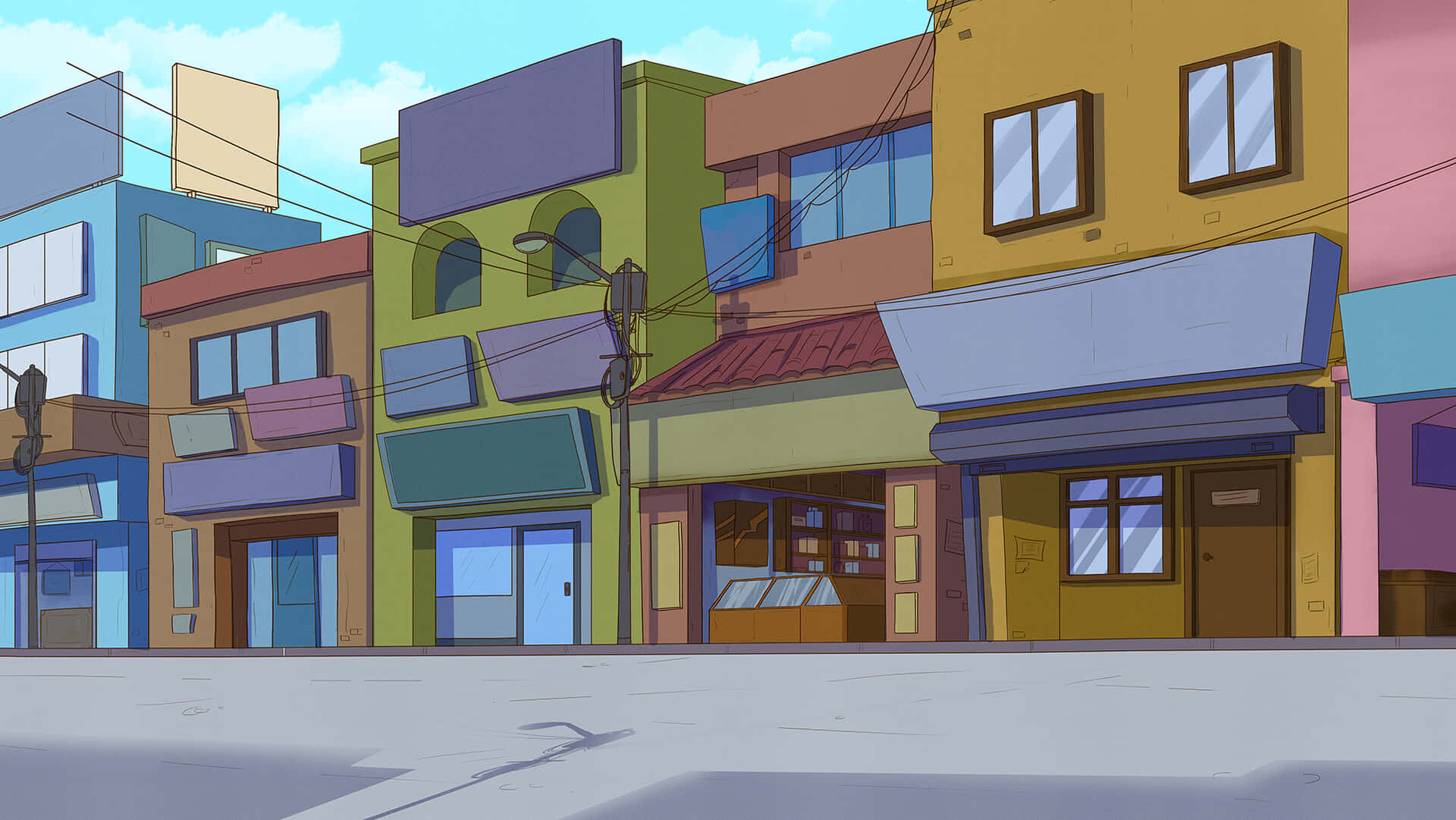 Comics 桌布 壁紙 — 充滿活力的卡通街景，色彩繽紛的建築物和空置的店面，在晴朗的藍天下。