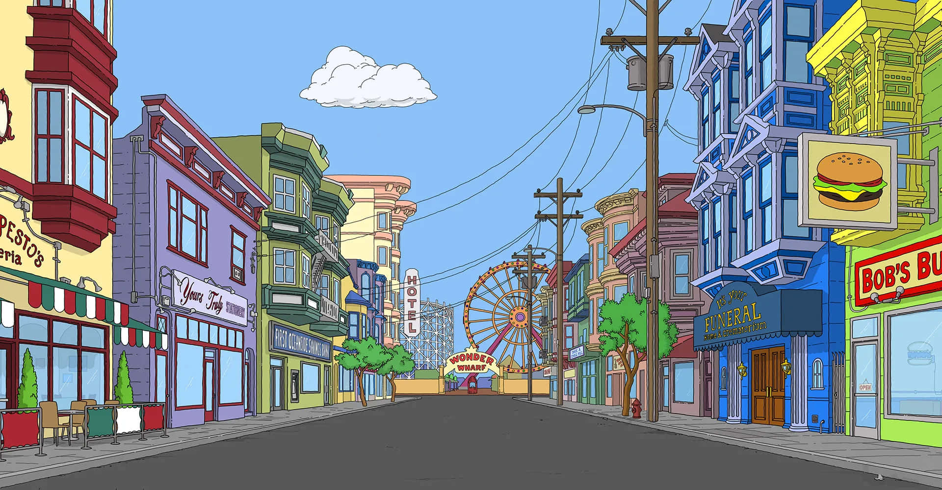 Cartoon 桌布 壁紙 — 充滿活力的卡通街景，色彩繽紛的建築物、漢堡標誌和遠處的摩天輪，在藍天下。