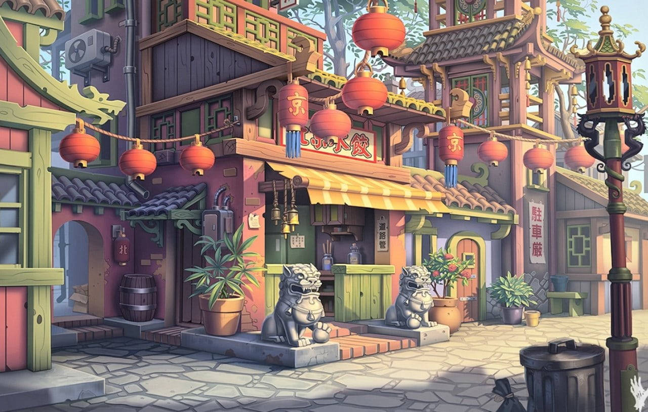 Chinatown 桌布 壁紙 — 充滿活力的卡通街道，掛著紅燈籠、石獅子和傳統亞洲建築，沐浴在溫暖的日光中。