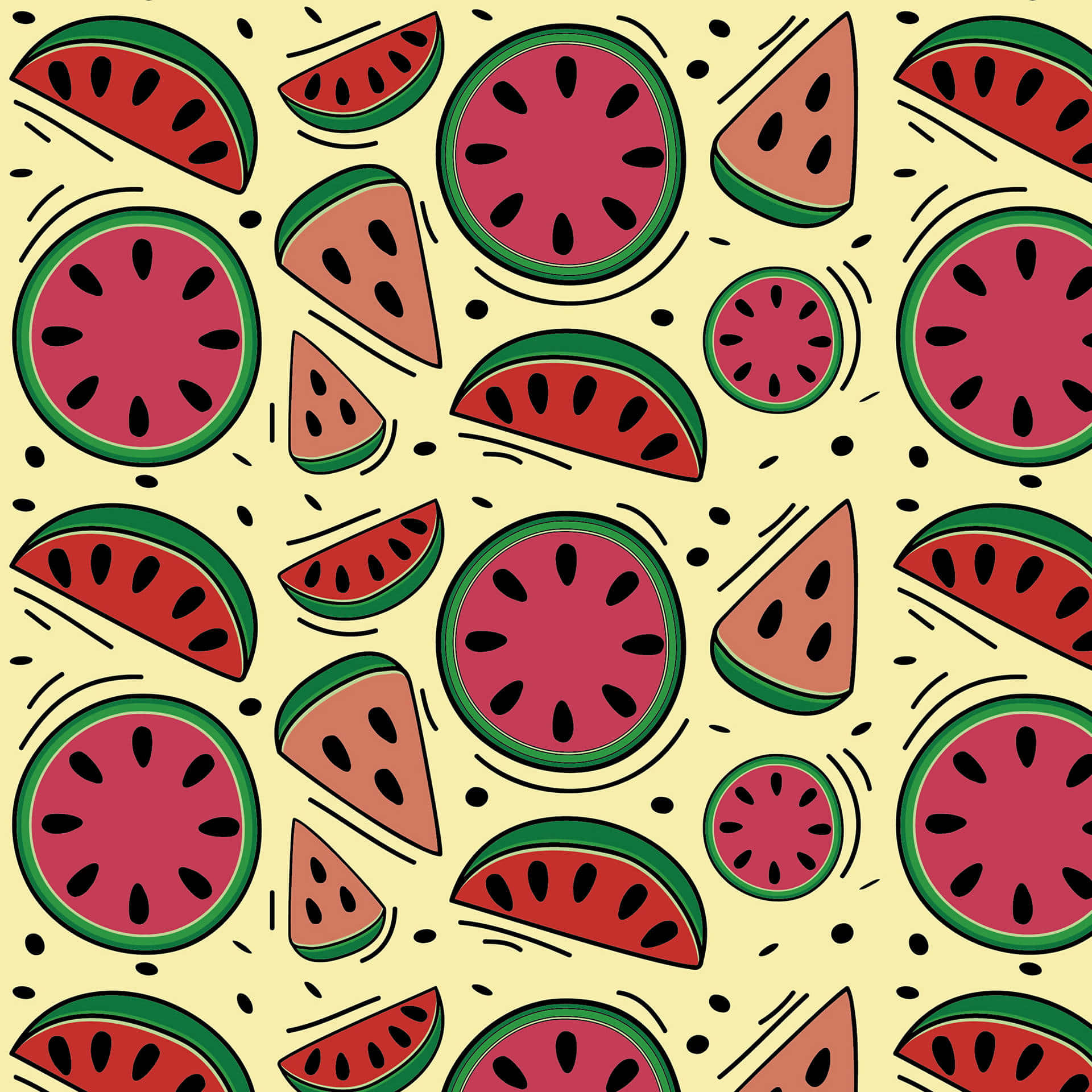 Fruit 桌布 壁紙 — 充滿活力的卡通西瓜片，以紅色、綠色和黃色排列成俏皮的重複圖案。