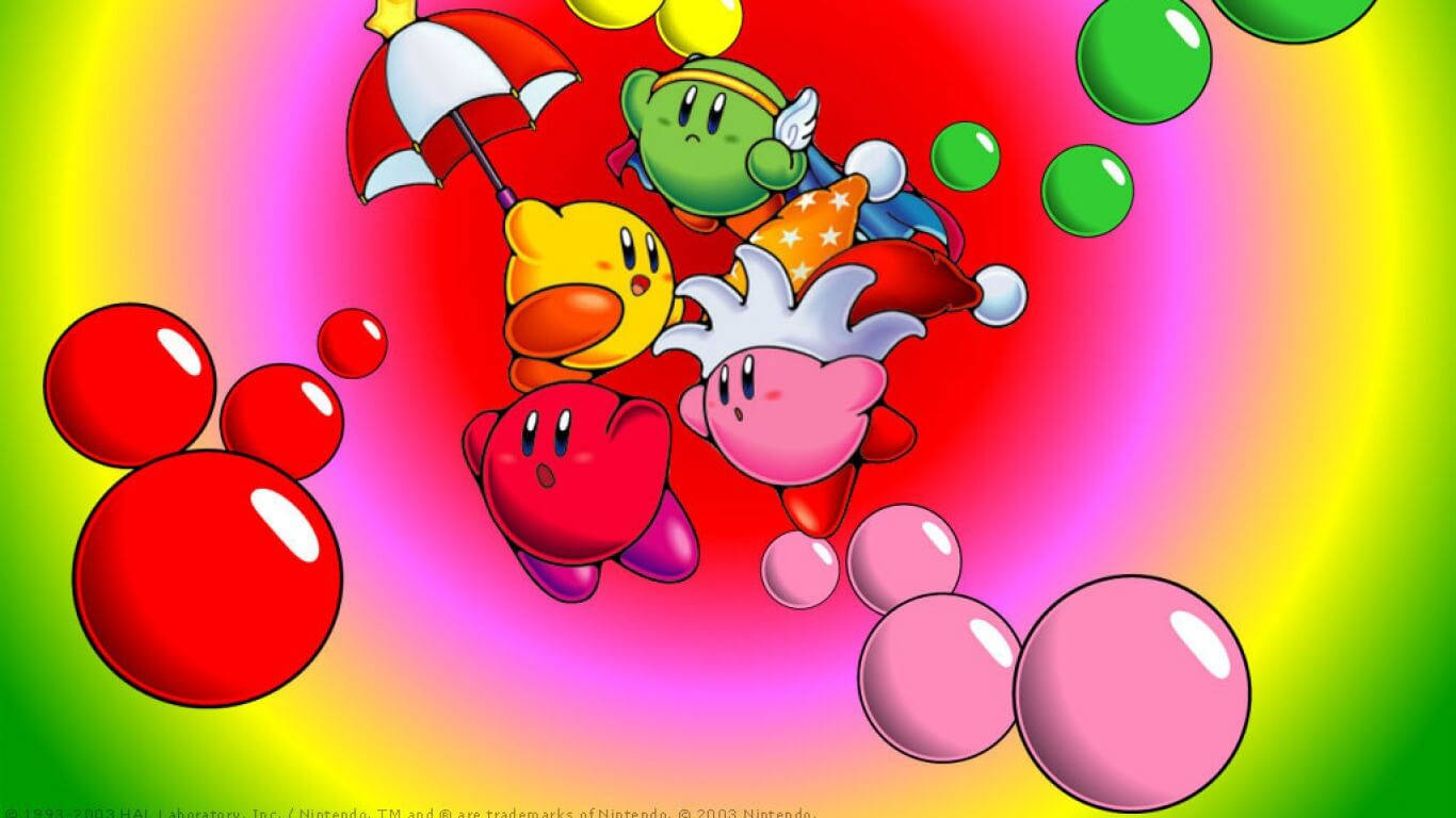 卡比 桌布 壁紙 — 充滿活力的卡通角色 Kirby 和朋友們在彩虹漸變背景中漂浮於彩色泡泡之間。
