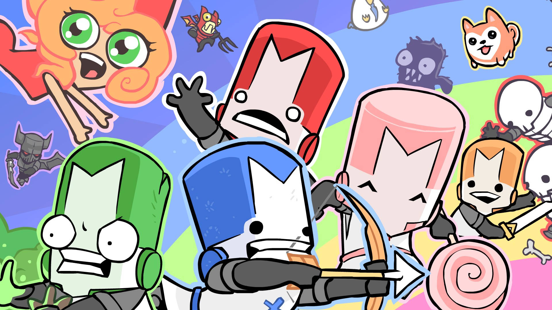Castle Crashers 桌布 壁紙 — 充滿活力的卡通角色，帶有誇張的表情和色彩繽紛的設計，在動感、俏皮的背景上迸發出來。