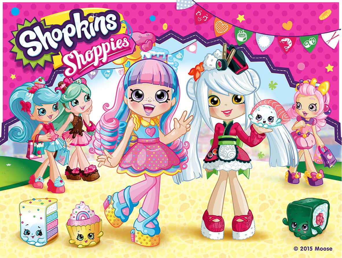 Shopkins 桌布 壁紙 — 充滿活力的卡通角色，擁有色彩繽紛的頭髮和食物主題的服裝，在節日粉紅色背景前愉快地擺姿勢。