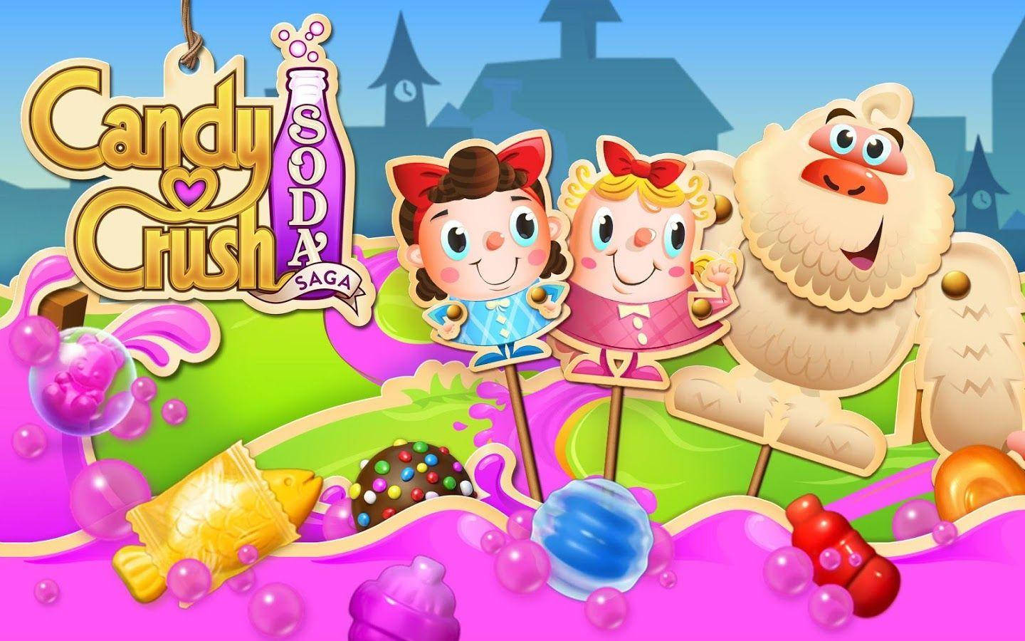遊戲 桌布 壁紙 — 充滿活力的卡通角色和糖果漂浮在一個以城堡為背景的異想天開的遊戲場景中。