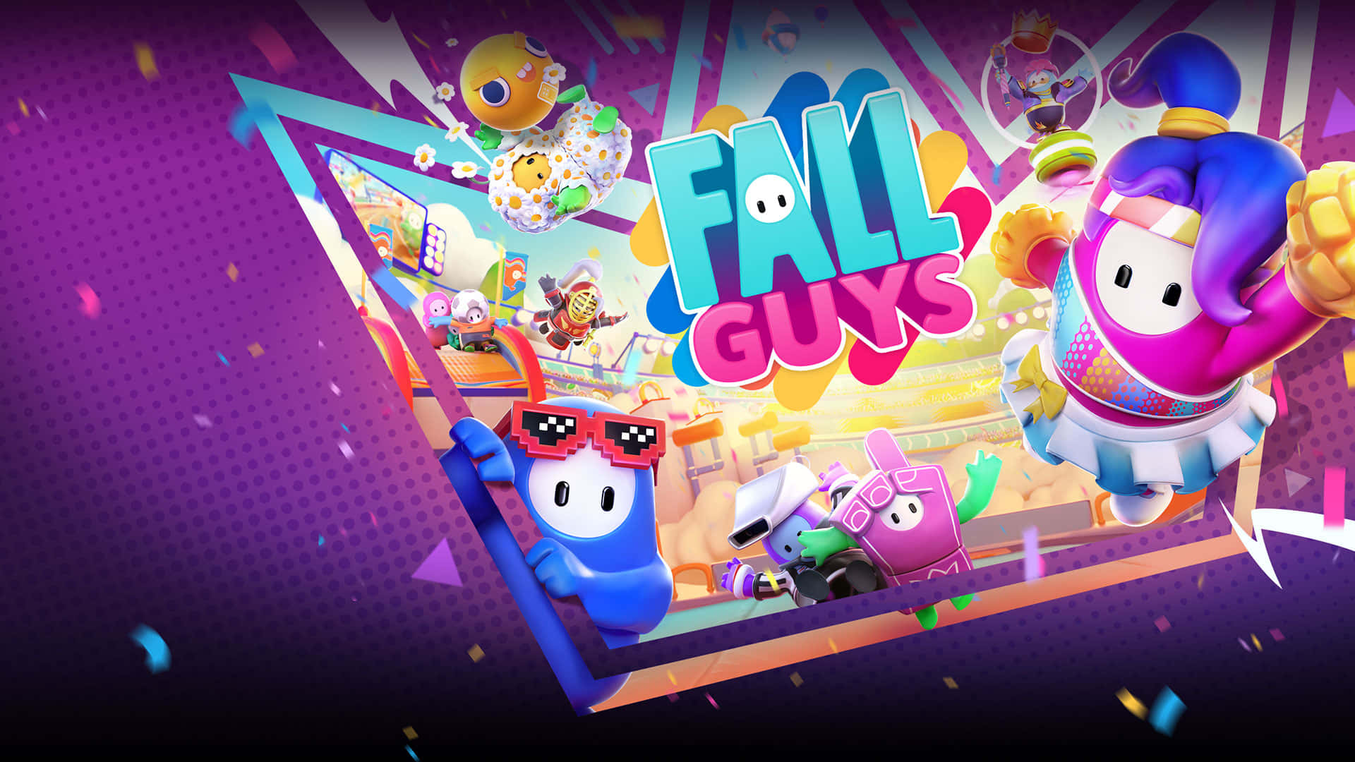 Cartoon Games 桌布 壁紙 — 充滿活力的卡通角色在一個色彩繽紛、充滿五彩碎紙和動態動作的遊戲競技場中跳躍翻滾。