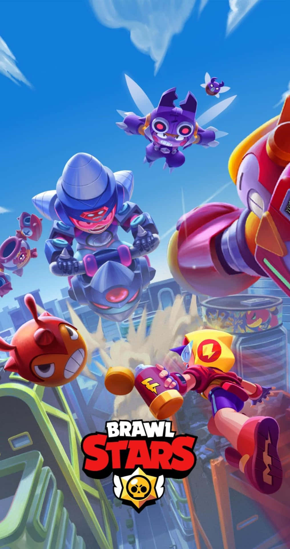 Brawl Stars 角色在城市天際線上進行空中戰鬥。 — 荒野亂鬥 GIF 壁紙
