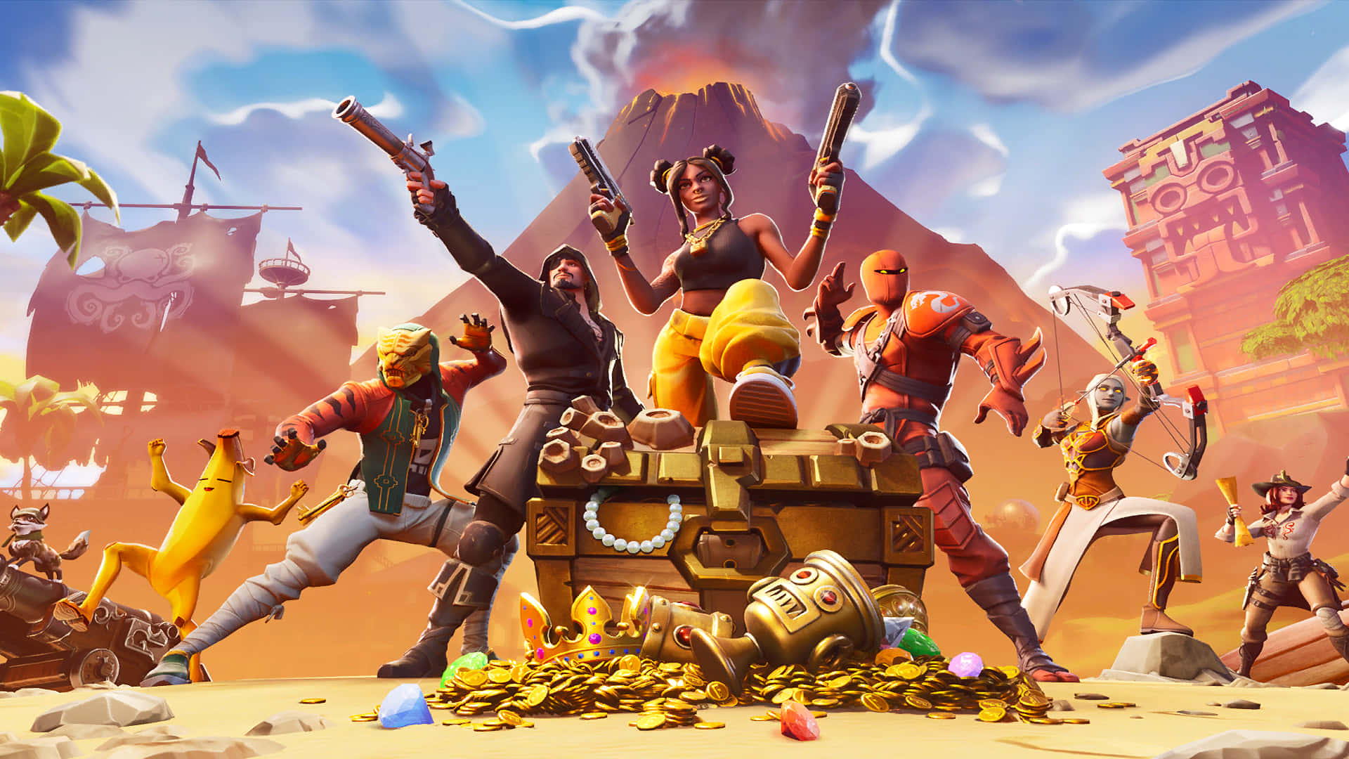 Fortnite 桌布 壁紙 — 充滿活力的卡通角色在沙漠島嶼環境中，站在一個裝滿金幣的寶箱上慶祝。