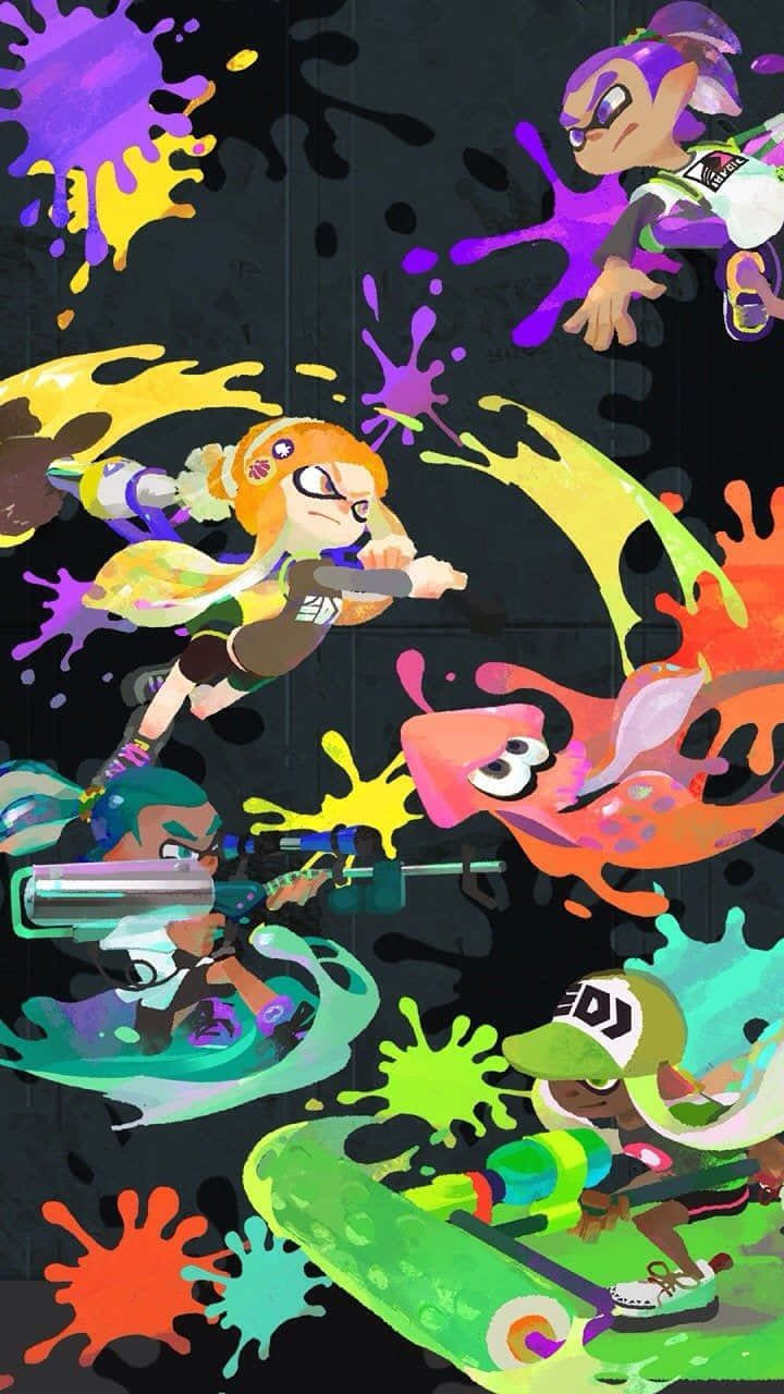splatoon 2 桌布 壁紙 — 充滿活力的卡通角色在深色背景上以彩色墨水飛濺進行戰鬥。