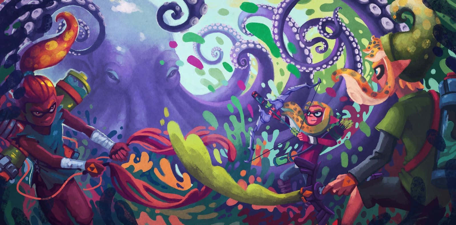 斯普拉遁 桌布 壁紙 — 充滿活力的卡通角色在混亂的水花四濺的水下場景中與巨型章魚觸手戰鬥。