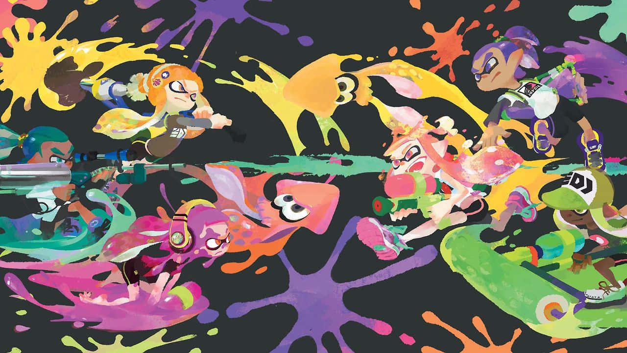 splatoon 2 桌布 壁紙 — 充滿活力的卡通角色在色彩繽紛的墨水飛濺中，在黑暗背景下動態戰鬥。