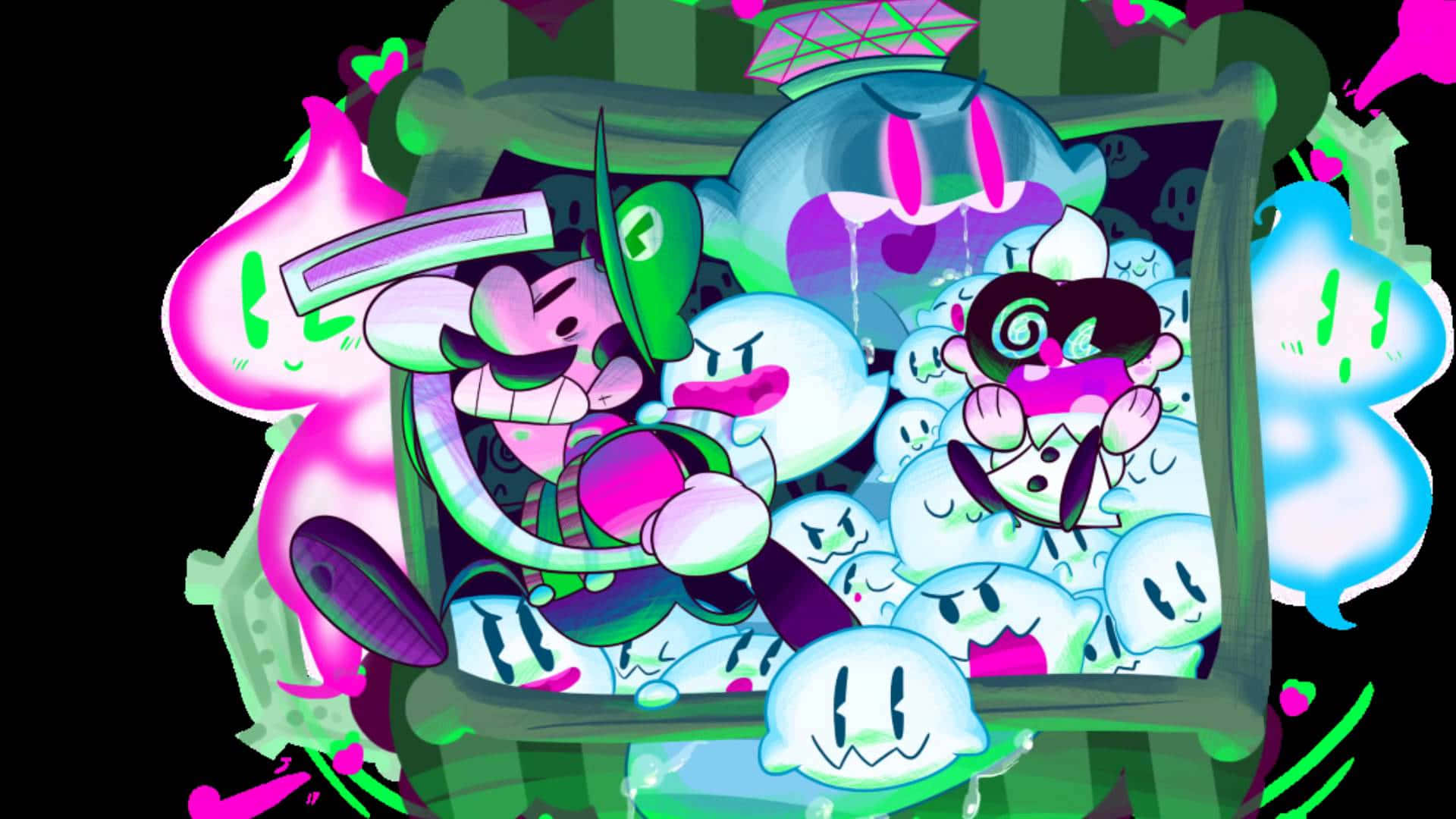 King Boo 桌布 壁紙 — 充滿活力的卡通角色帶有發光的粉紅色和綠色色調，從一個混亂、風格化的框架中迸發出來，背景為黑色。