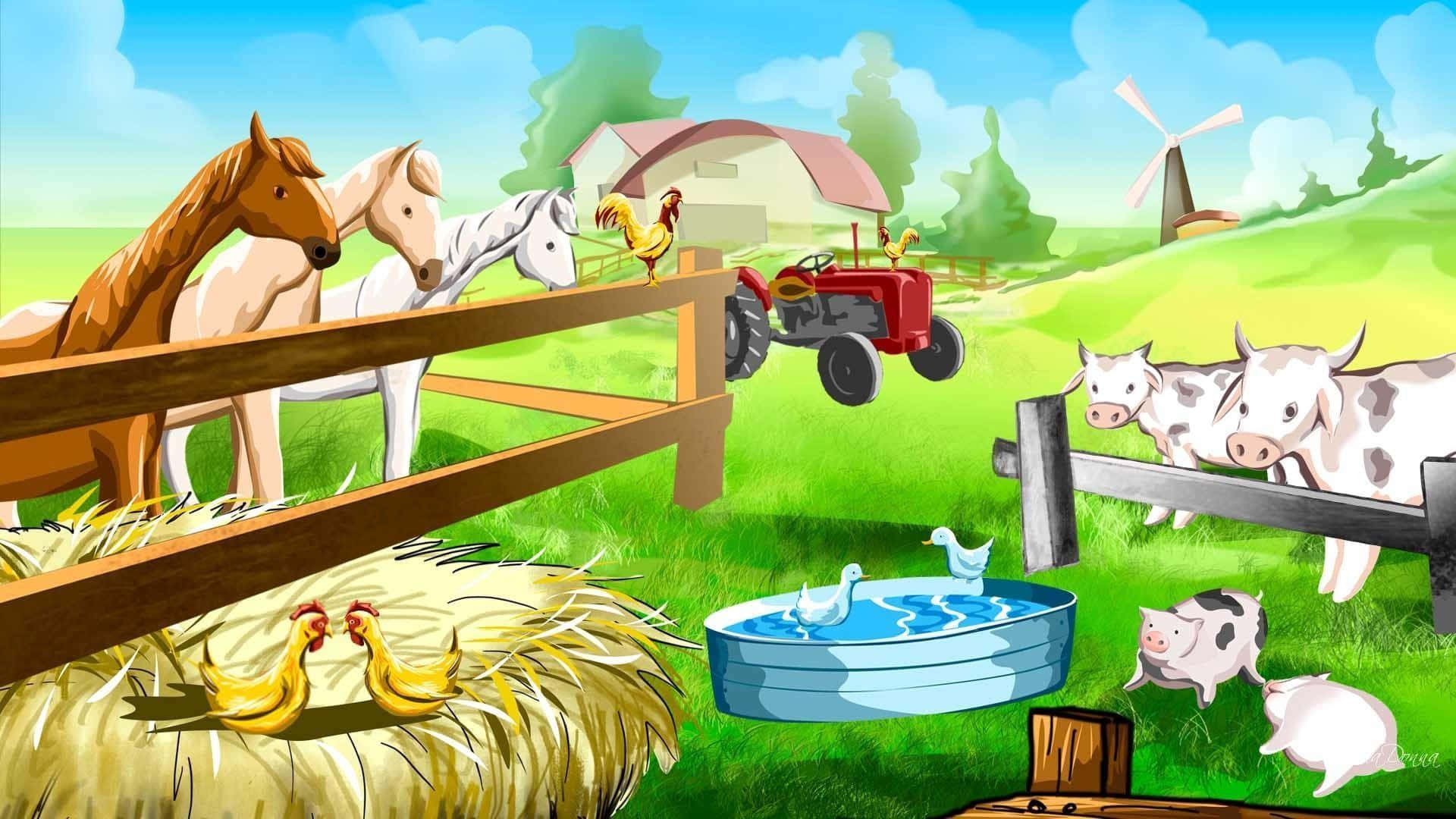 Farm Animal 桌布 壁紙 — 充滿活力的卡通農場場景，有馬、牛、豬、雞和一輛紅色拖拉機，在晴朗的藍天下。