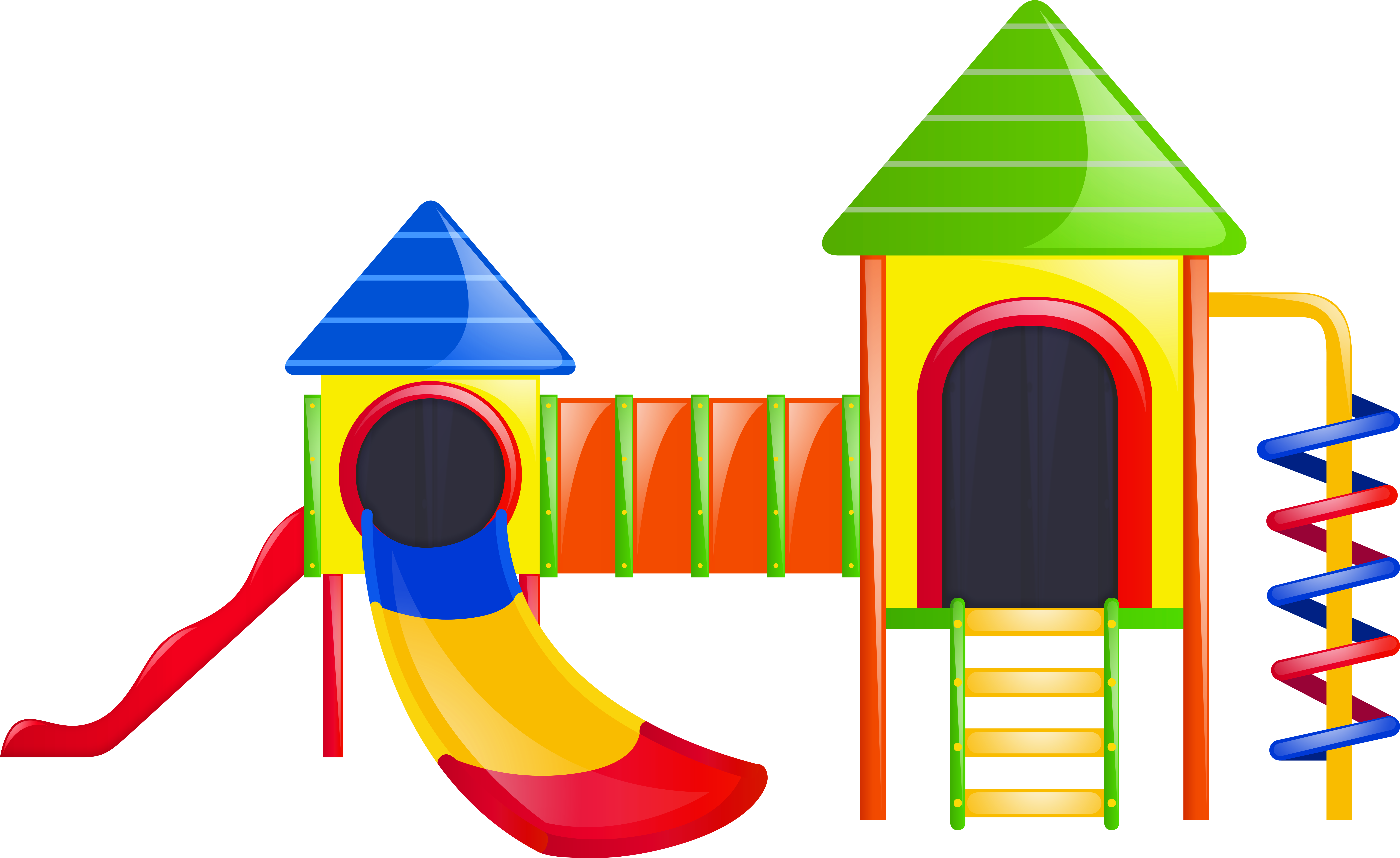 Playground 桌布 壁紙 — 充滿活力的卡通遊樂場，設有紅色溜滑梯、藍色屋頂、綠色屋頂、黃色牆壁和螺旋攀爬器，背景為黑色。
