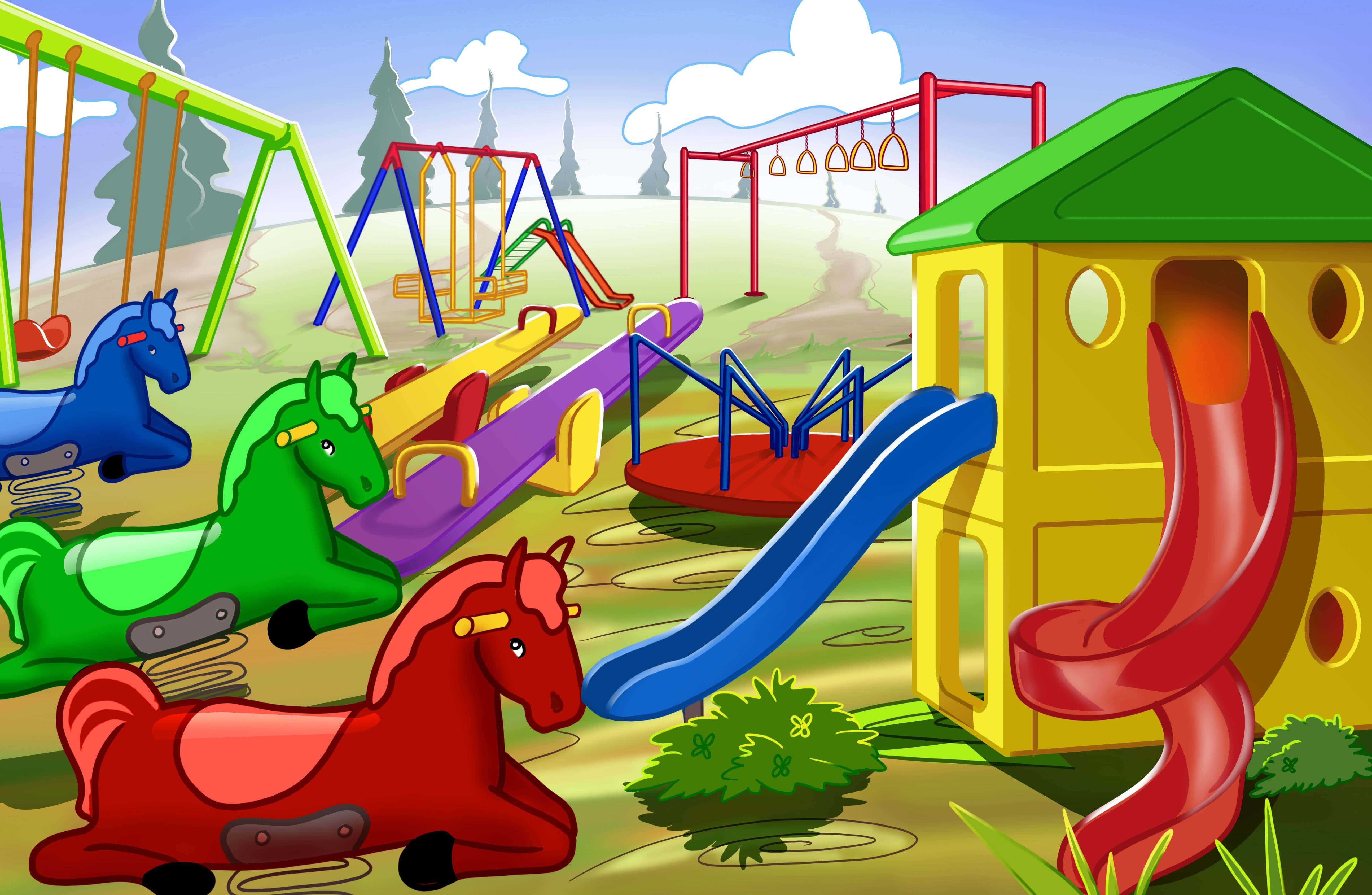 Playground 桌布 壁紙 — 充滿活力的卡通遊樂場，設有色彩繽紛的溜滑梯、彈簧搖搖馬和鞦韆，在明亮的藍天和蓬鬆的白雲下。